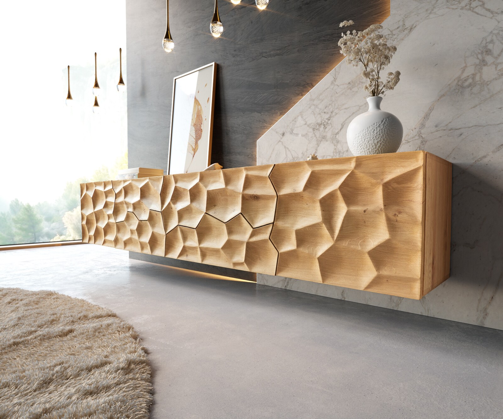 Lowboard Solu 220 cm Eiche Natur 2 Türen 4 Schübe schwebend 3D-Front