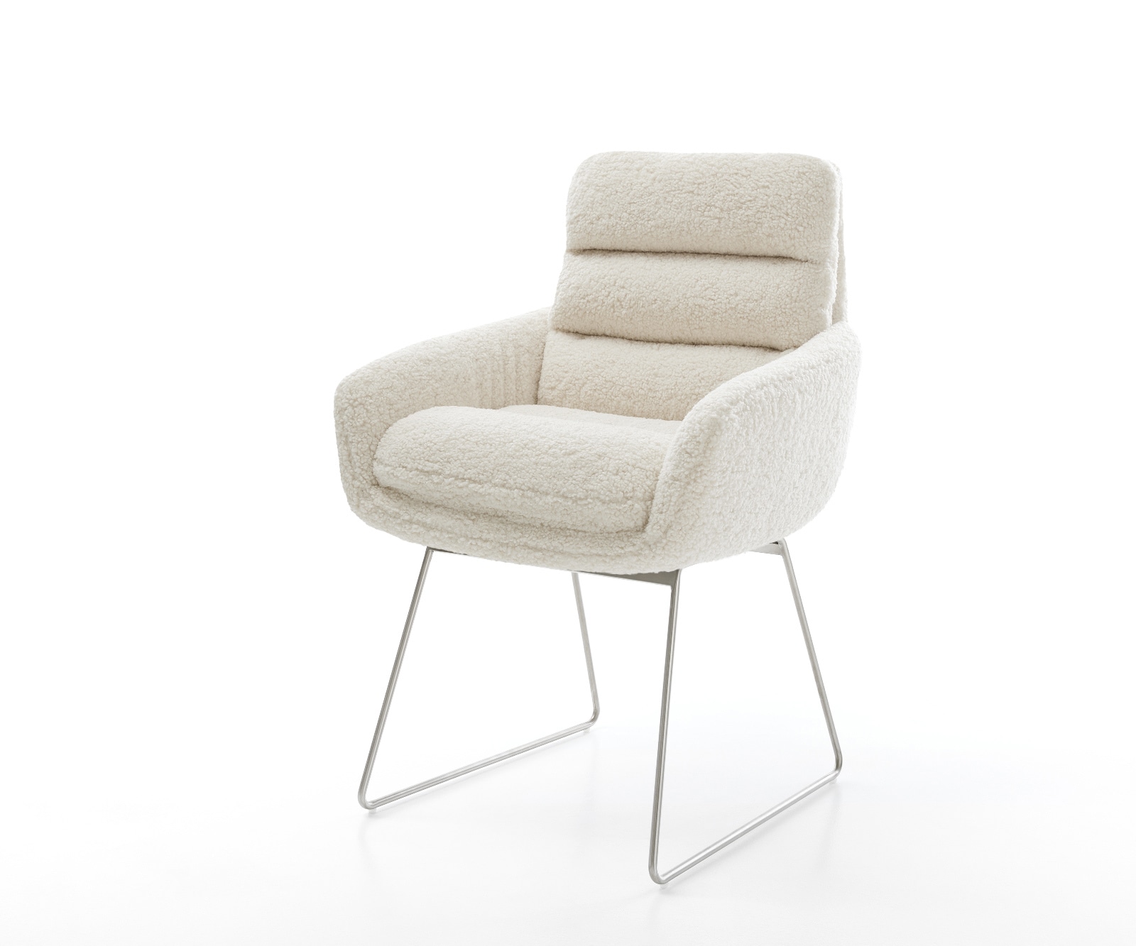 Esszimmerstuhl Abelia-Flex mit Armlehnen Teddystoff Beige Kufengestell Edelstahl