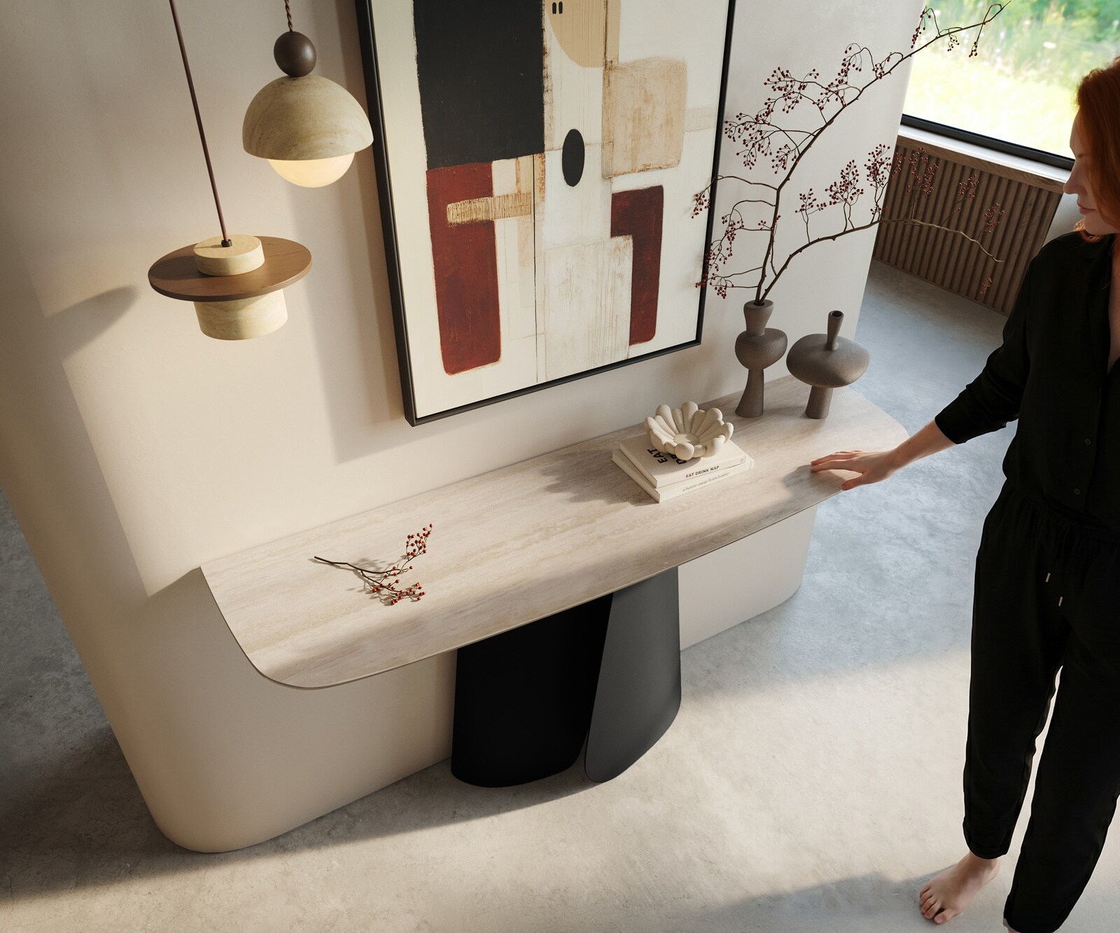 Konsolentisch Edge Boot 140x40 cm Keramik Laminam® Travertino Bianco Creme-Weiß Livos Metall Schwarz 1