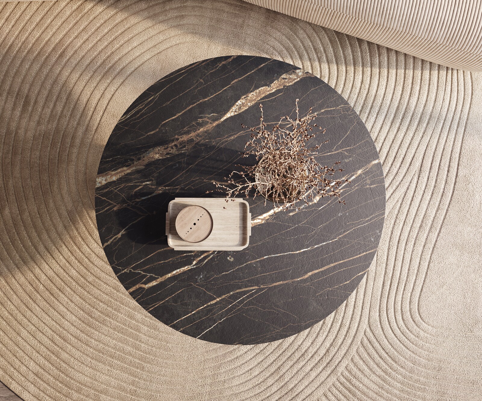 Couchtisch Edge Rund 100x100 cm Keramik Laminam® Noir Desir Braun Conis Metallic Silber 2