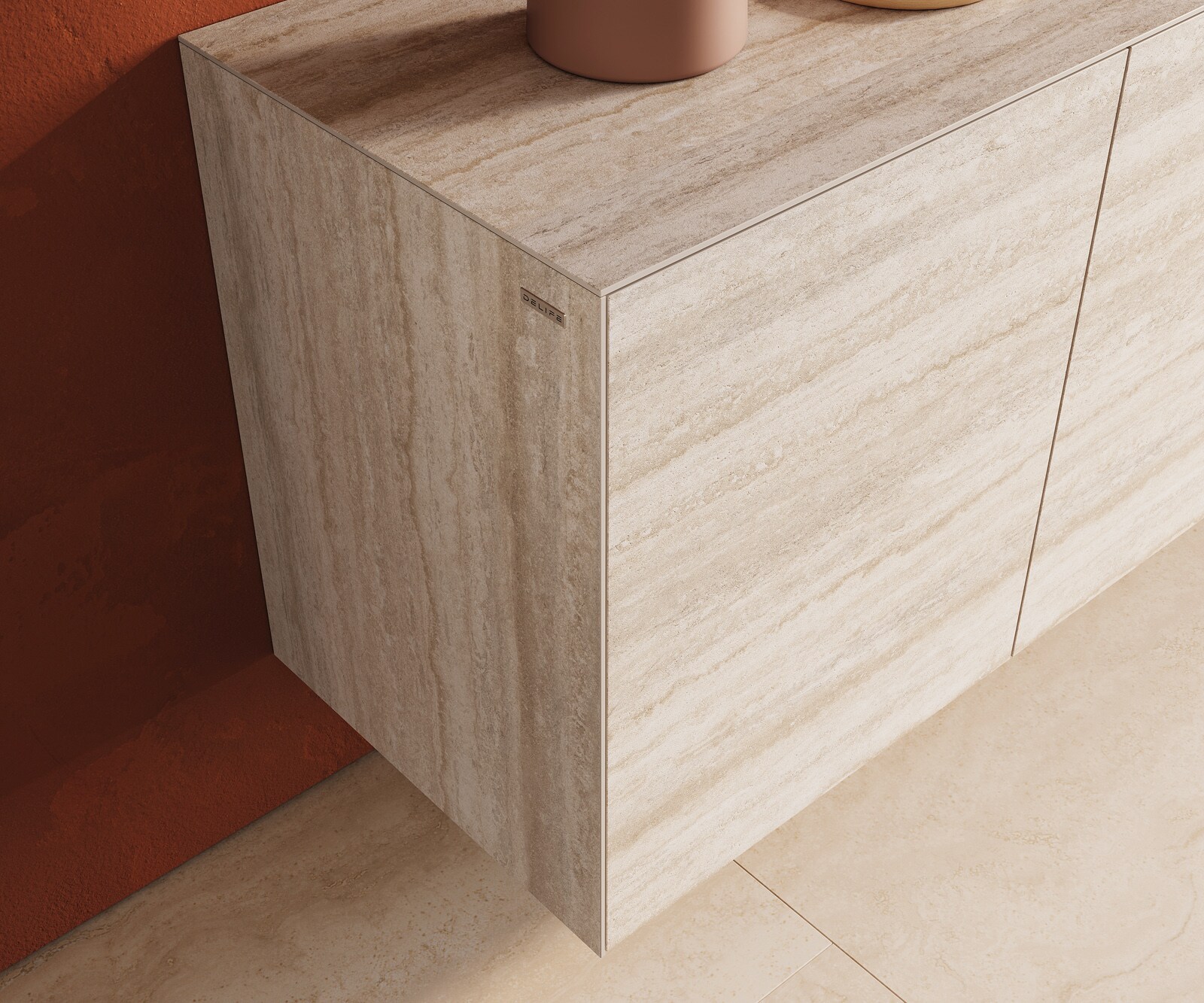 Sideboard Cuor 150 cm Keramik Laminam® Travertino Bianco Creme-Weiß 3 Türen Schwebend 5