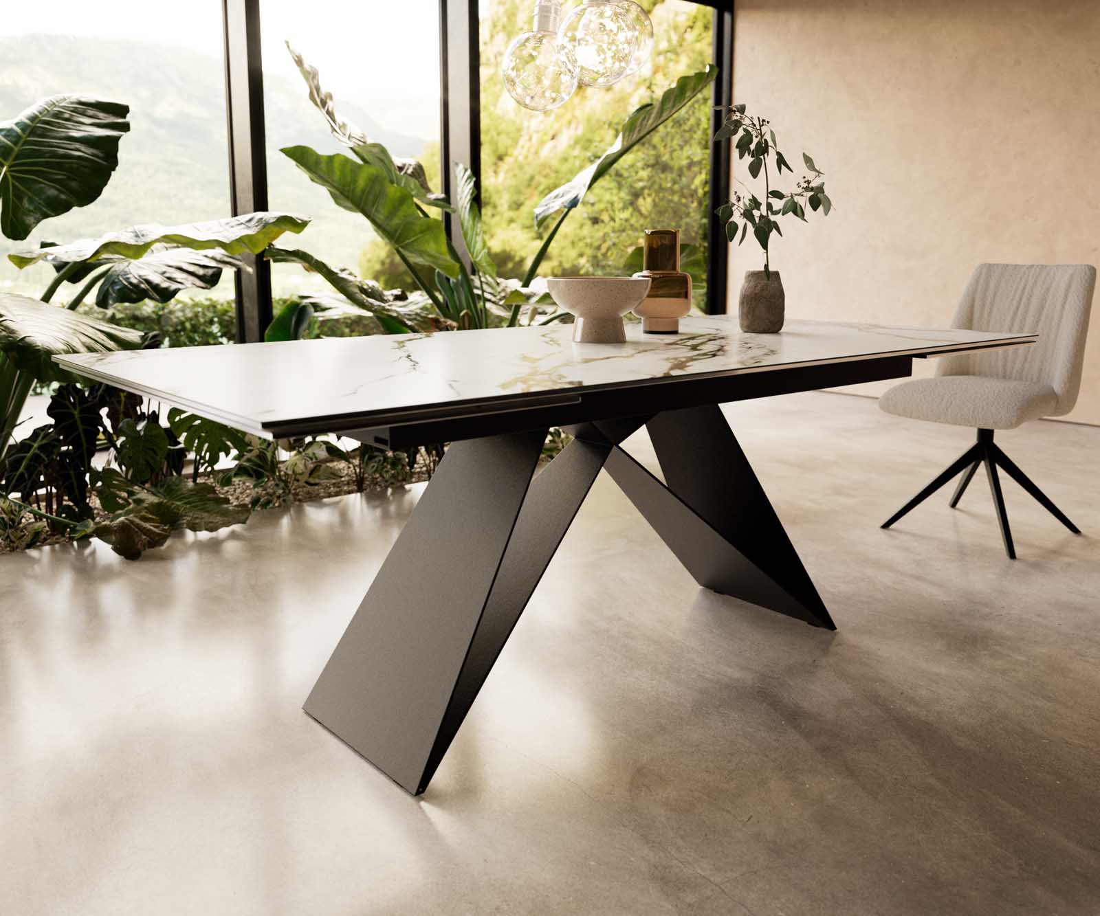 Esstisch Edge 200-300x100 Keramik Calacatta Luxe Weiß-Gold-Grau V-Gestell Flachstahl Schwarz ausziehbar 6