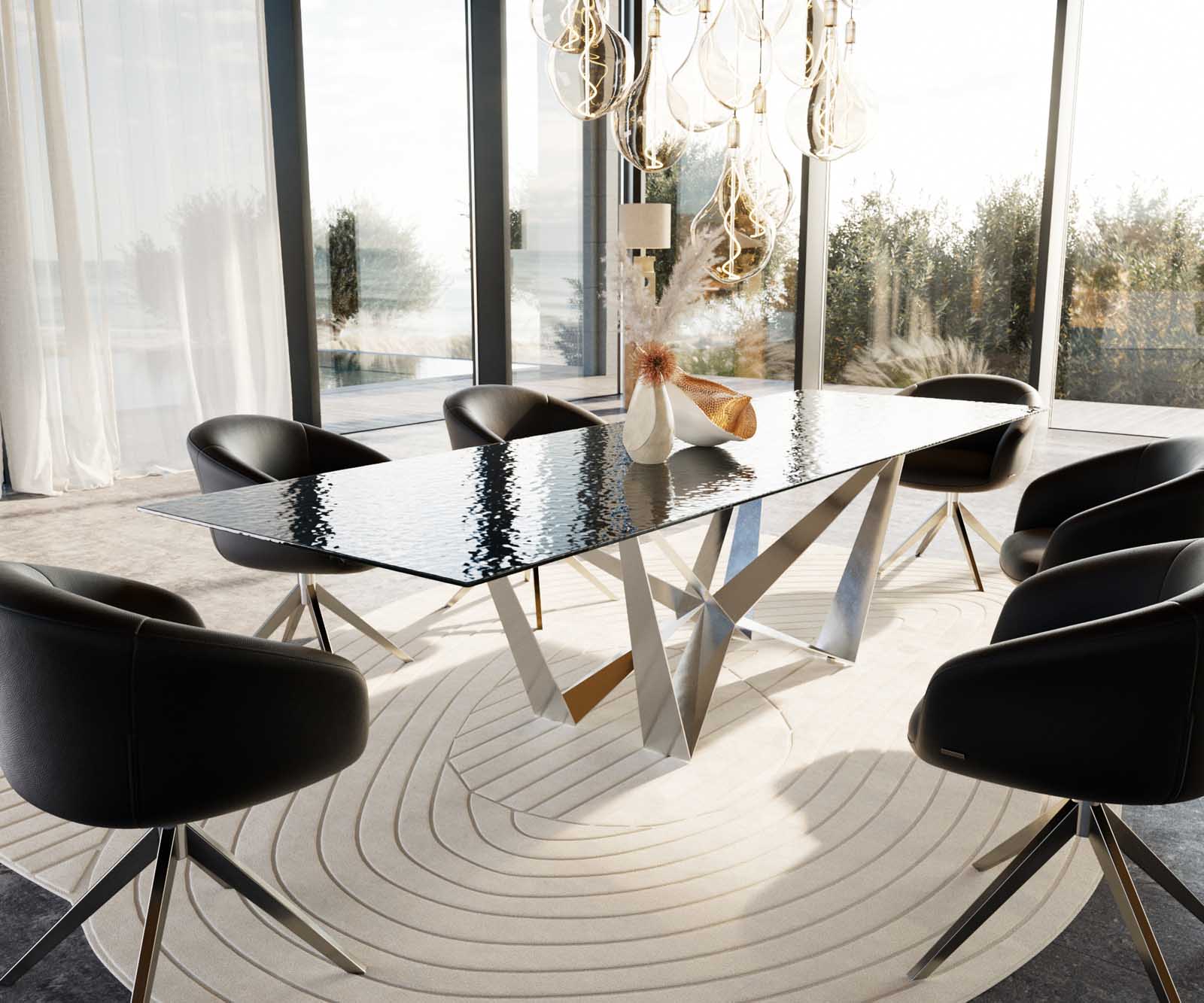 Esstisch Edge 300x100 Reliefglas Rauchschwarz 3D-Design Spider Flachstahl Edelstahl 9