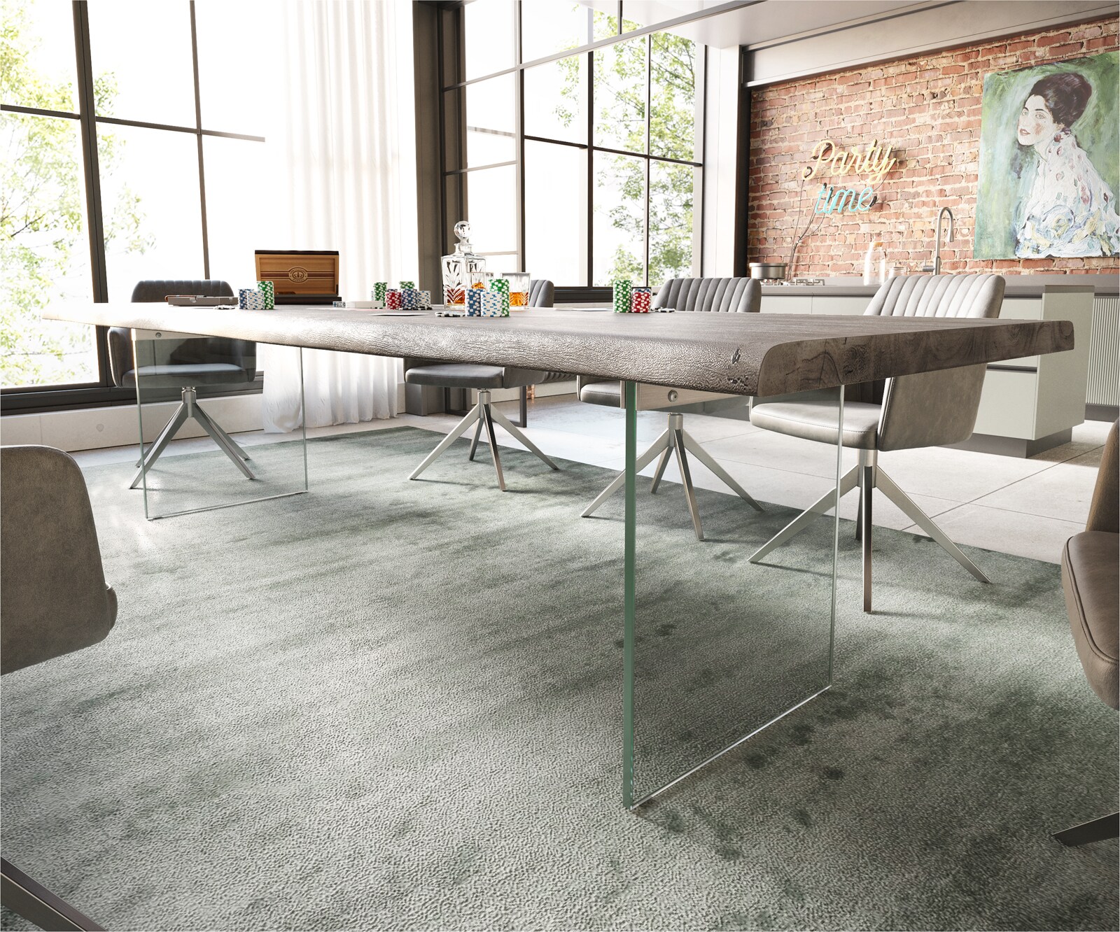 Esstisch Edge 300x100 XL Akazie Platin Glas Live-Edge 3