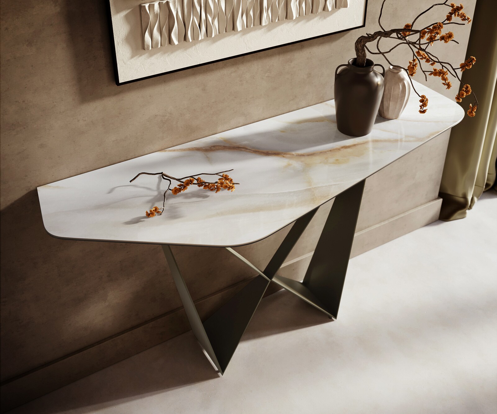 Konsolentisch Edge Polygonal 140x50 cm Keramik Onyx Pearl Spios Metall Effektfinish Titan 1