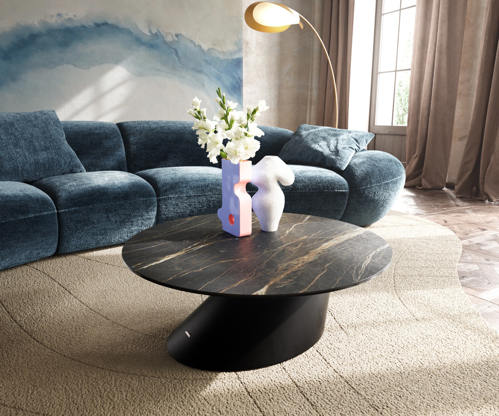Couchtisch Edge Rund 90x90 cm Keramik Laminam® Noir Desir Braun Conis Metal günstig online kaufen