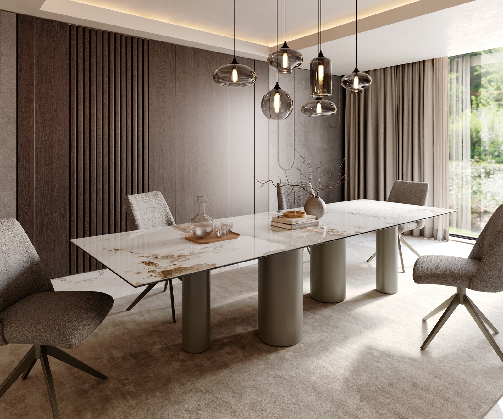 Esstisch Edge 300x100 Keramik Minas Melange Weiß-Beige Pilier Metall Effektfinish Titan