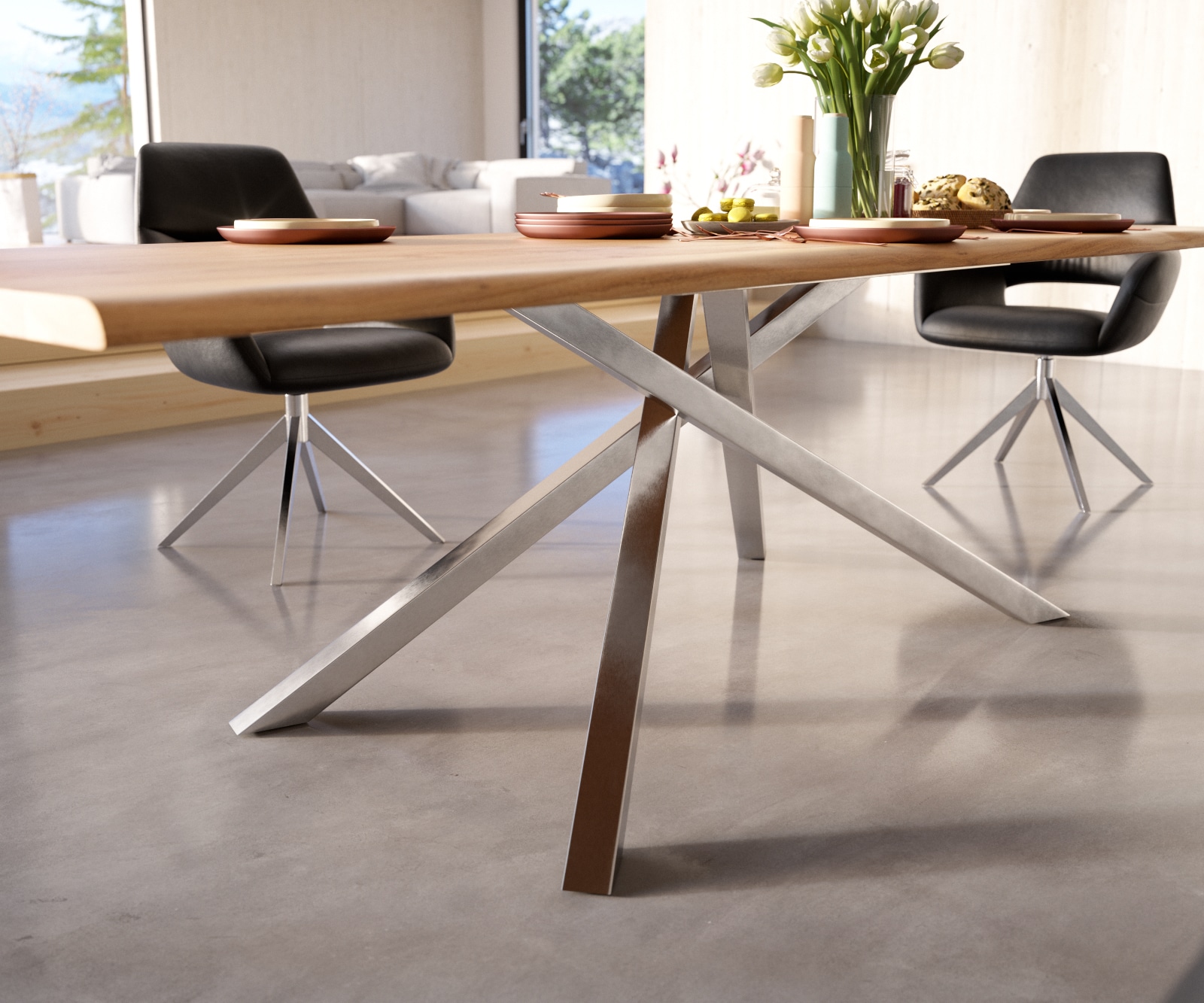 Esstisch Edge 260x100 Akazie Natur Kreuzgestell Rechteck Edelstahl Live-Edge 4 Esstisch Edge 260x100 Akazie Natur Kreuzgestell Rechteck Edelstahl Live-Edge 4