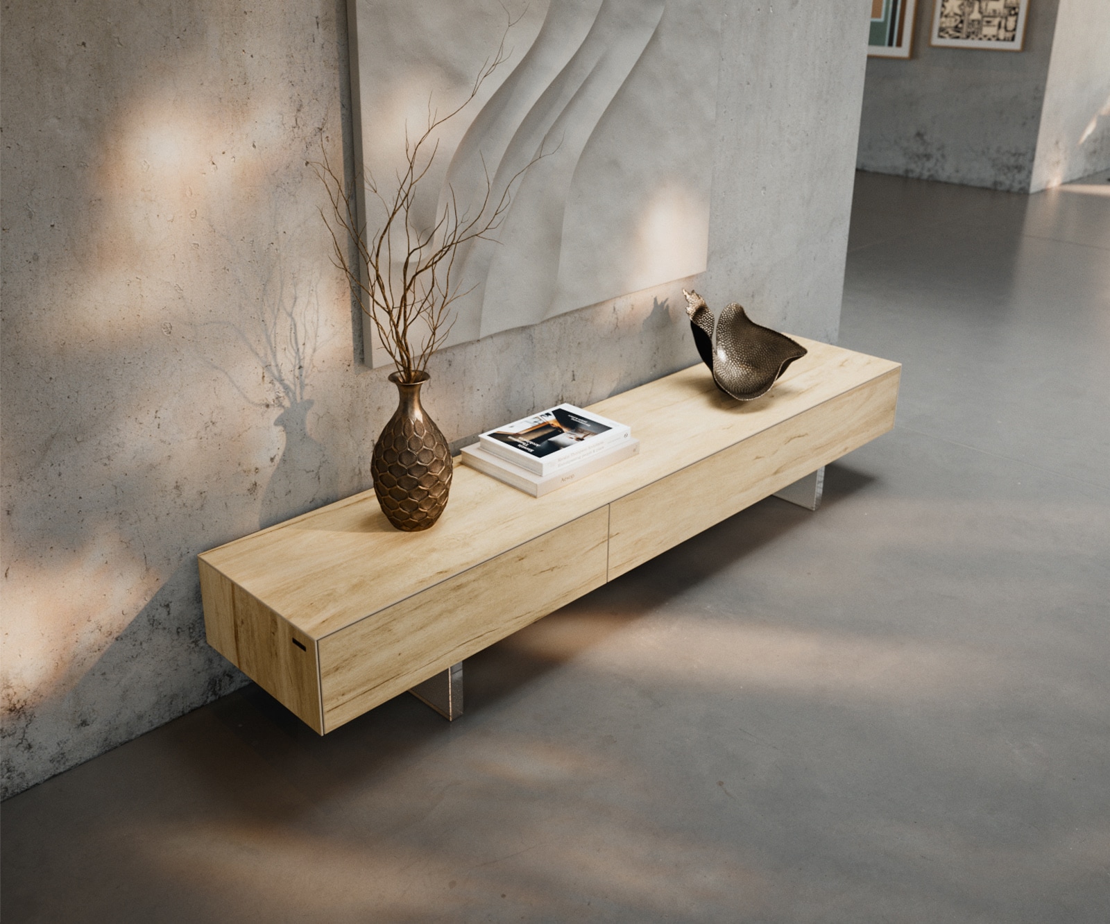 Lowboard Cuor 200 cm Keramik Laminam® Sabbia Eichefarbig 1 Klappe 1 Schubfach Fuß Schwebeoptik Acrylglas 4 Lowboard Cuor 200 cm Keramik Laminam® Sabbia Eichefarbig 1 Klappe 1 Schubfach Fuß Schwebeoptik Acrylglas 4