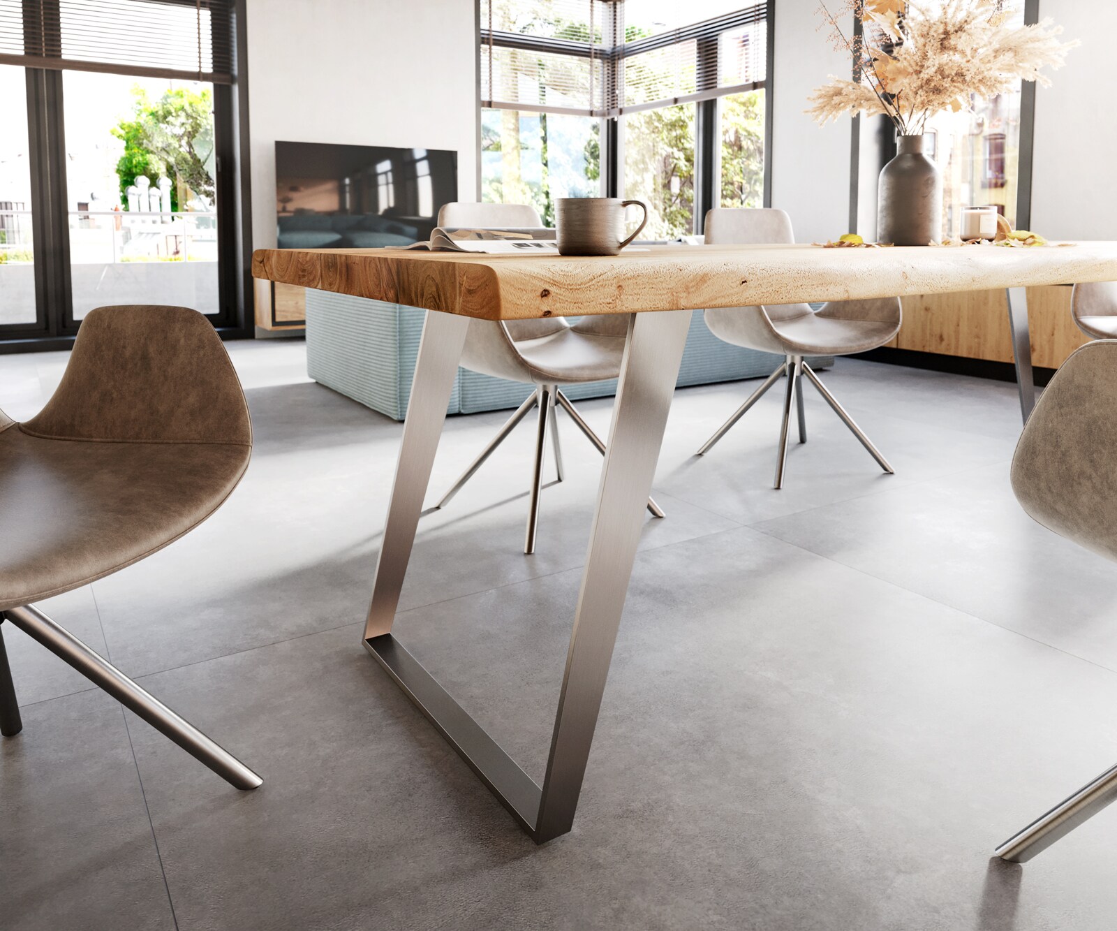 Esstisch Edge 260x100cm XL Akazie Natur Edelstahl Silber schräg Live-Edge 4