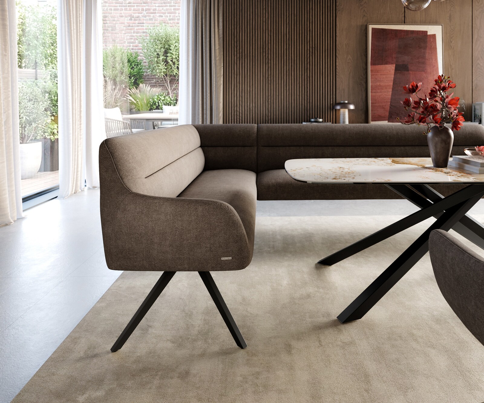 Esszimmerbank Taya-Flex 285x190 cm Strukturstoff Soft Taupe Kreuzgestell kantig Schwarz Taschenfederkern Rechts 4