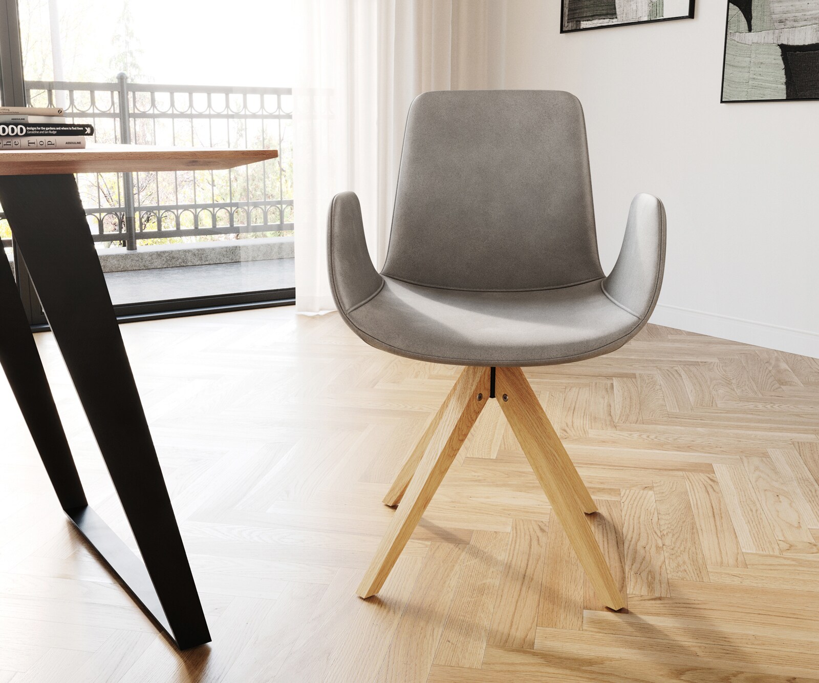 Esszimmerstuhl Ilia-Flex mit Armlehnen Samt Grau Holzgestell kantig Natur 1 Esszimmerstuhl Ilia-Flex mit Armlehnen Samt Grau Holzgestell kantig Natur 1