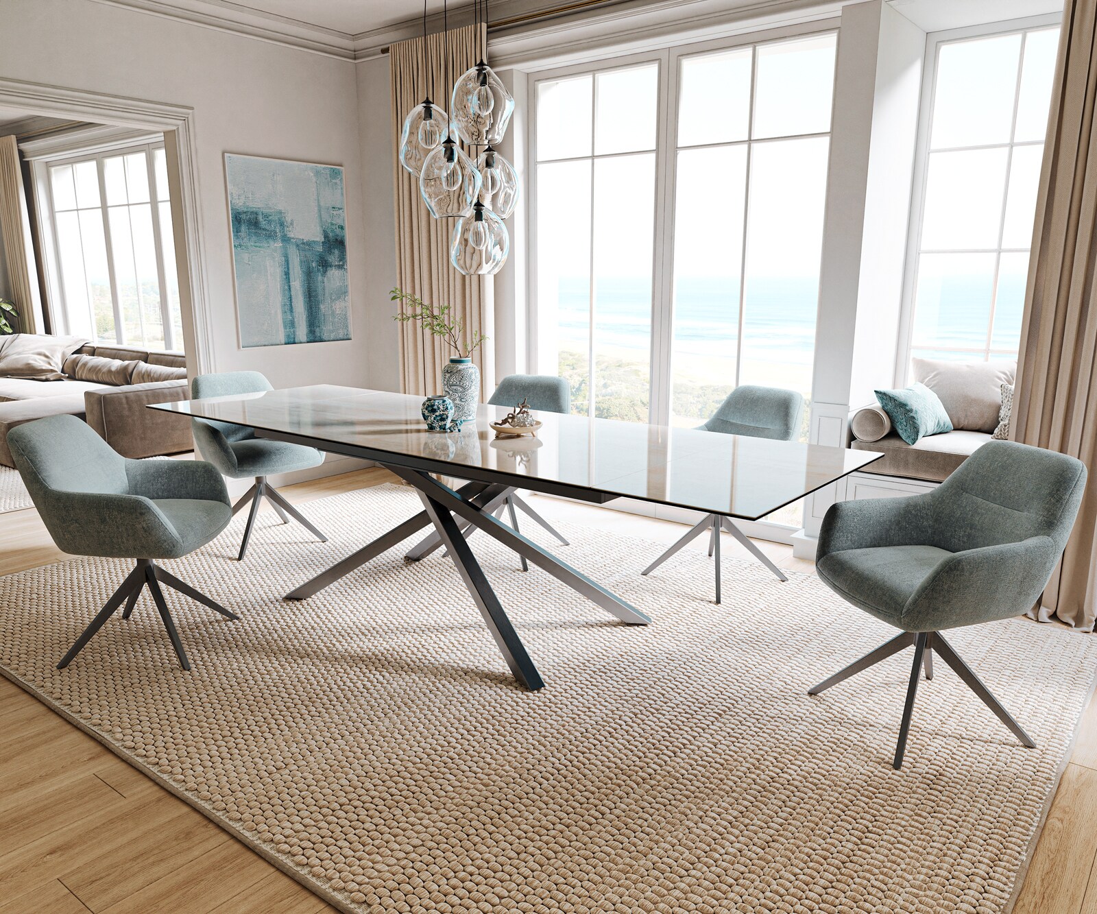 Esstisch Edge 200-300x100 cm Keramik Onyx Champagne Kreuzgestell Rechteck Edelstahl Graphit ausziehbar 7