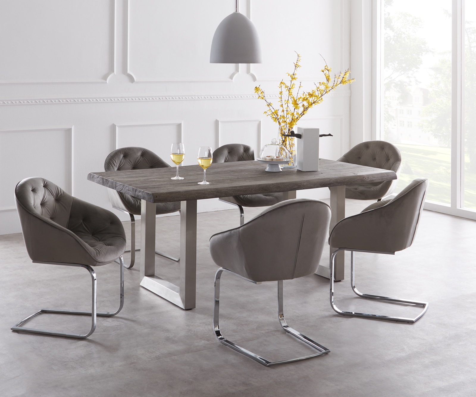 Esstisch Edge 180x90 XL Akazie Platin Edelstahl Breit Live-Edge Esstisch Edge 180x90 XL Akazie Platin Edelstahl Breit Live-Edge