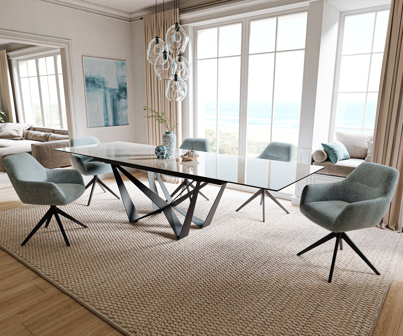 Esstisch Edge 200-300x100 cm Keramik Onyx Champagne Spider Flachstahl Schwarz ausziehbar 7