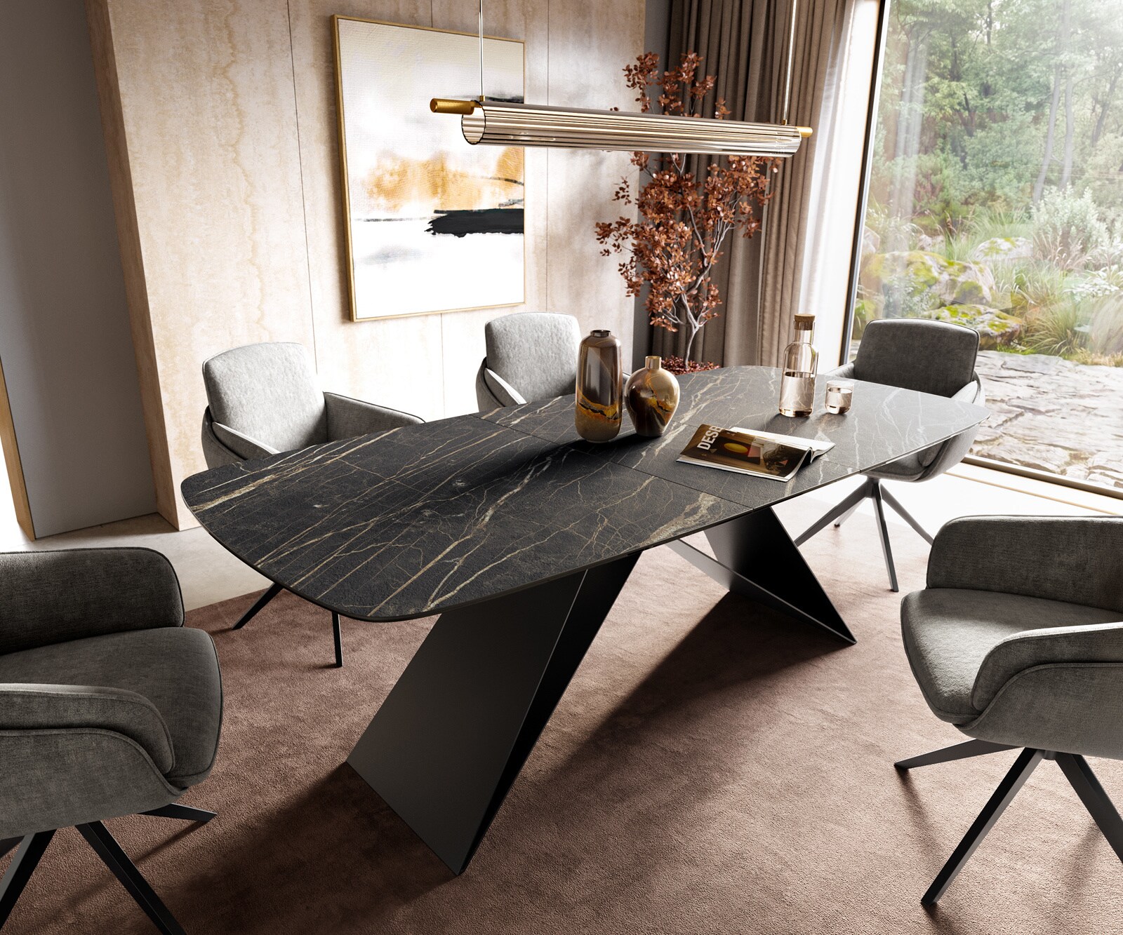 Esstisch Edge Boot 180-220x100 cm Laminam® Keramik Noir Desir Braun V-Gestell Flachstahl Schwarz ausziehbar 1