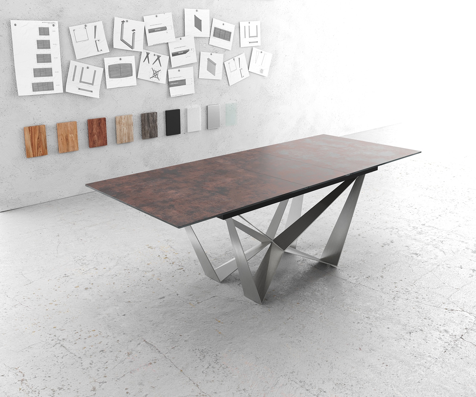 Esstisch Edge 180/220x90cm Glas Antique-braun Mittelfuß Flachstahl Silber Ausziehbar Esstisch Edge 180/220x90cm Glas Antique-braun Mittelfuß Flachstahl Silber Ausziehbar