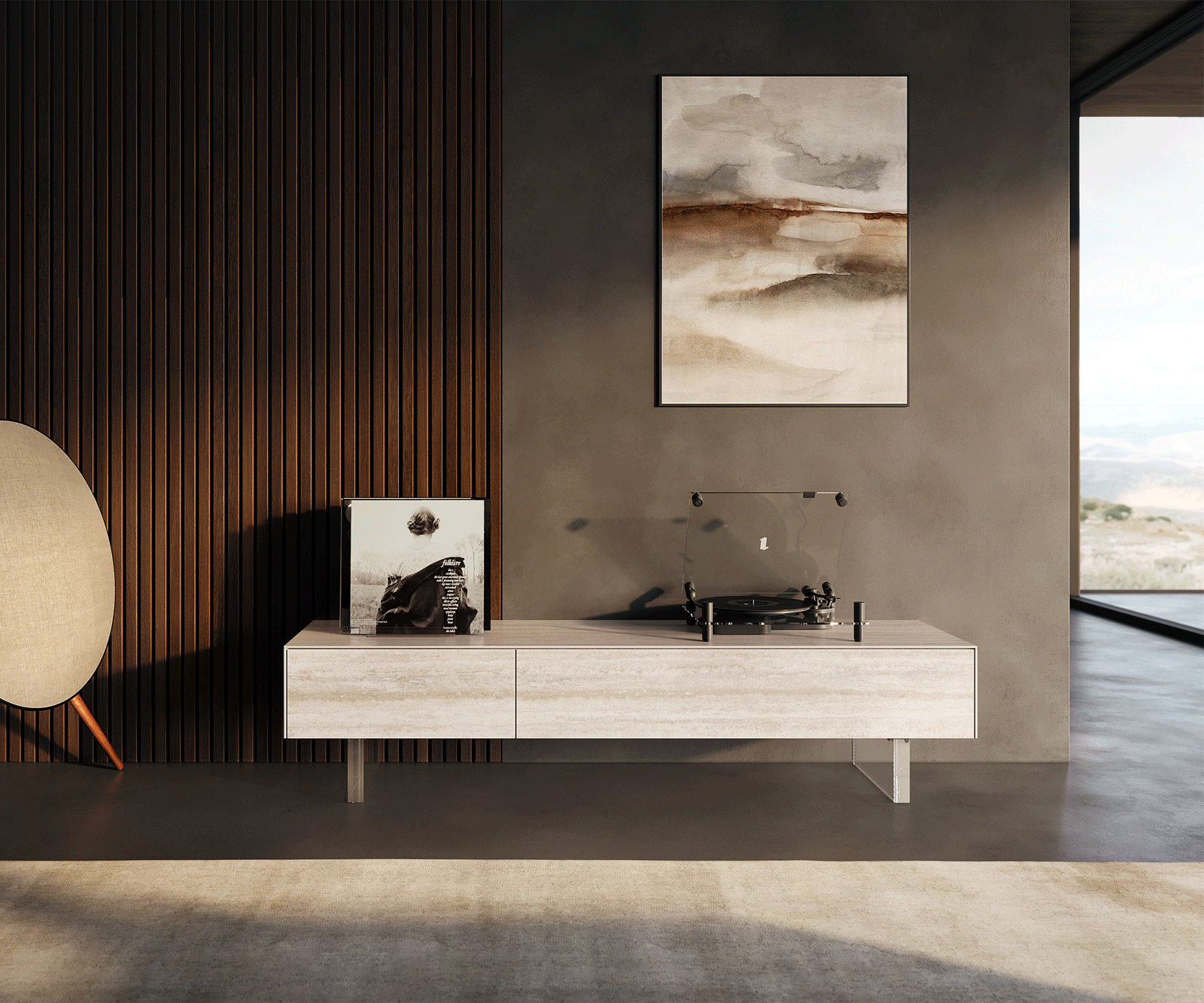 Lowboard Cuor 150 cm Keramik Laminam® Travertino Bianco Creme-Weiß 1 Klappe 1 Schubfach Fuß Schwebeoptik Acrylglas 1