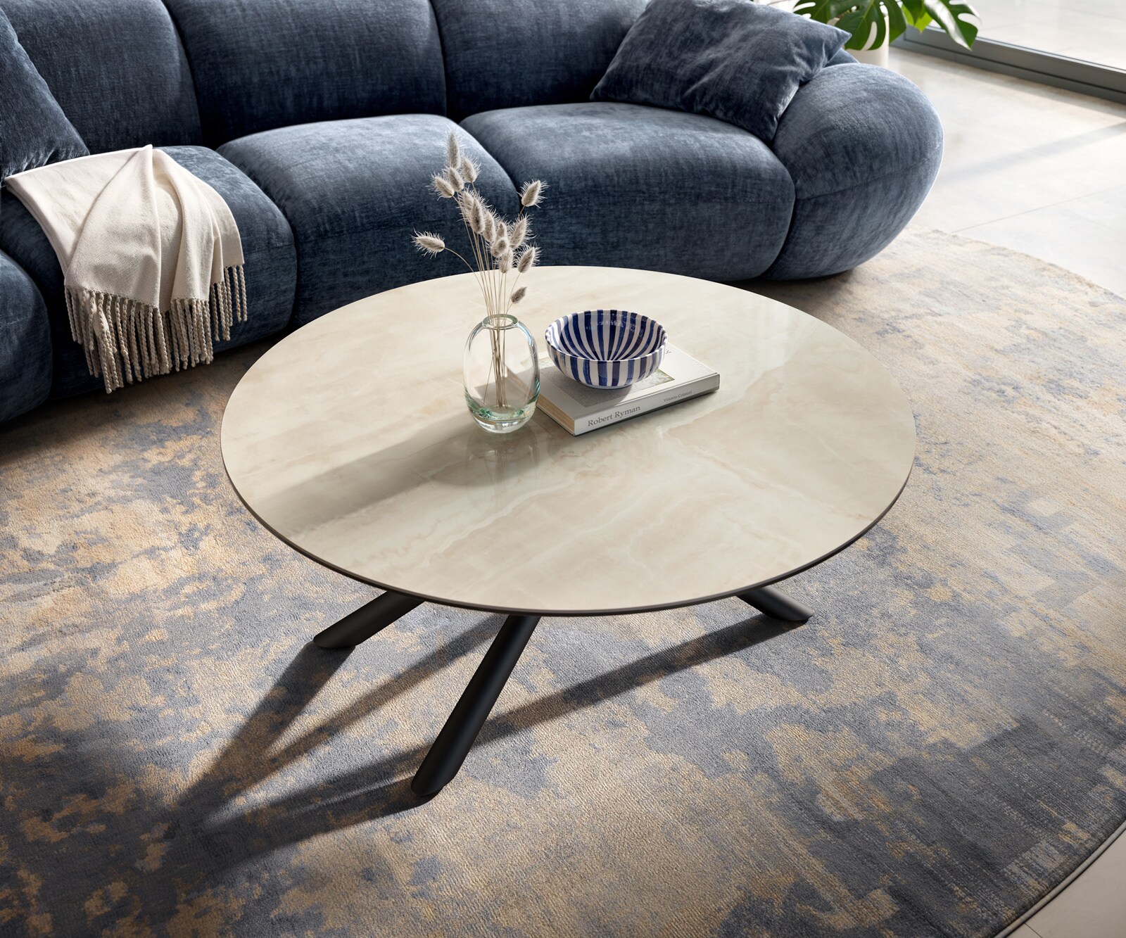 Couchtisch Edge Rund 100x100 cm Keramik Onyx Champagne Sarity Metall Schwarz 2