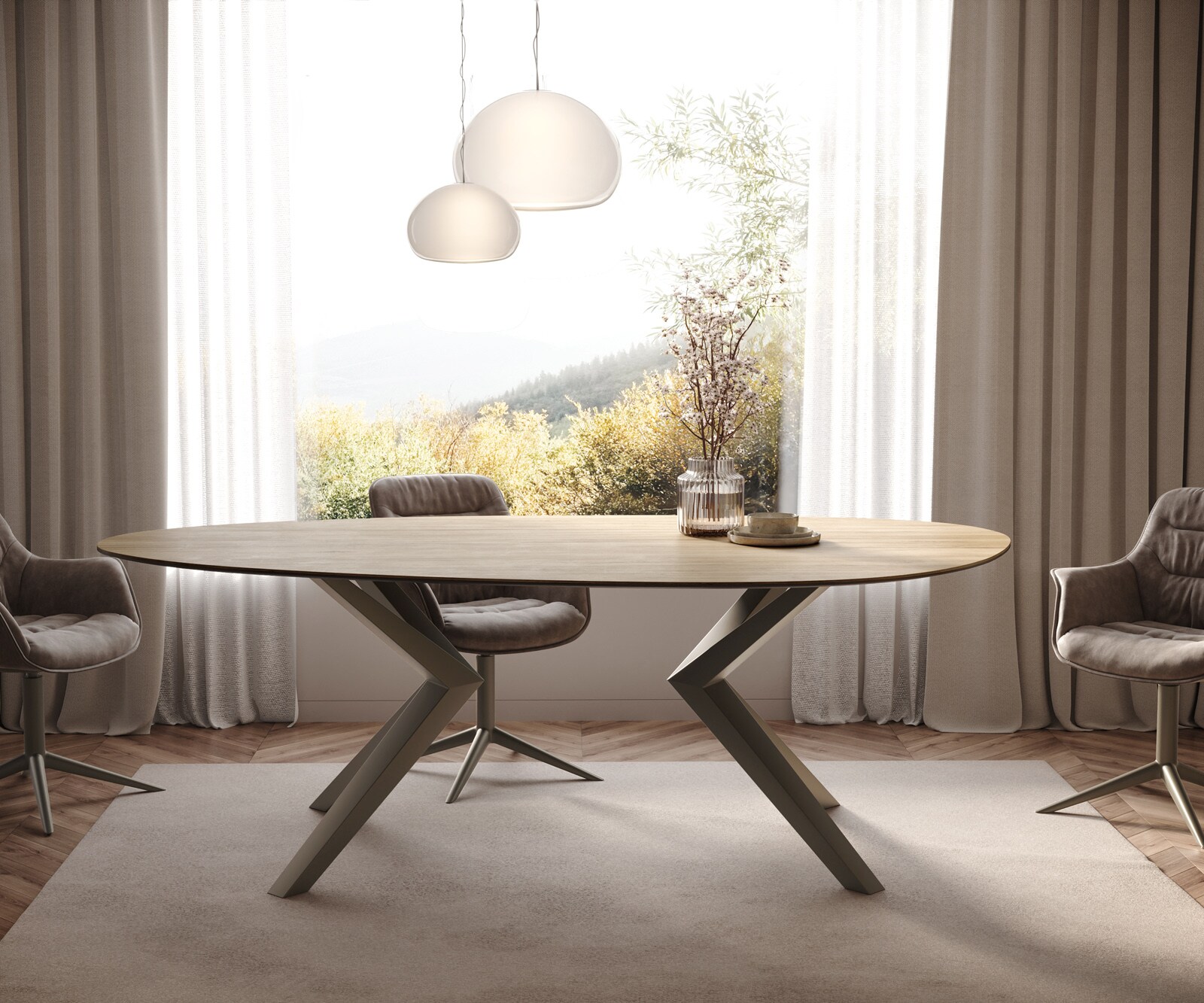 Esstisch Edge Oval 220x120 Keramik Laminam® Sabbia Eichefarbig Zenthara kantig Metall Effektfinish Titan 3