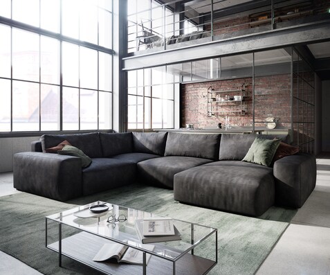 Wohnlandschaft Lanzo 300x210 cm Lederimitat Vintage Anthrazit Recamiere variabel