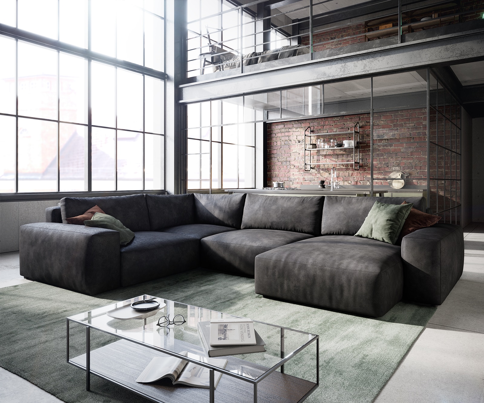 Wohnlandschaft Lanzo 300x210 cm Lederimitat Vintage Anthrazit Recamiere variabel