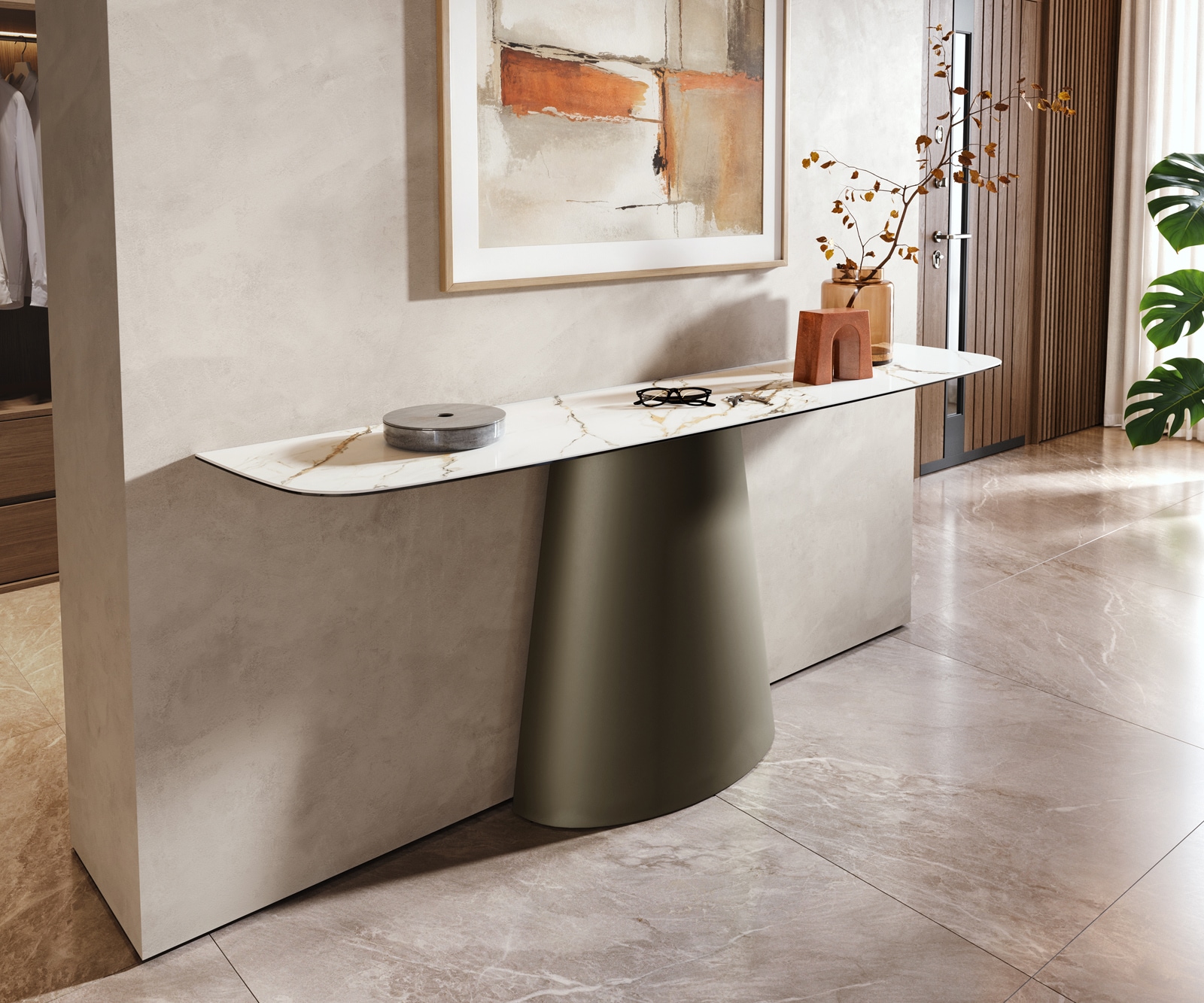 Konsolentisch Edge Boot 180x40 cm Keramik Calacatta Luxe Weiß-Gold-Grau Conos Metall Effektfinish Titan