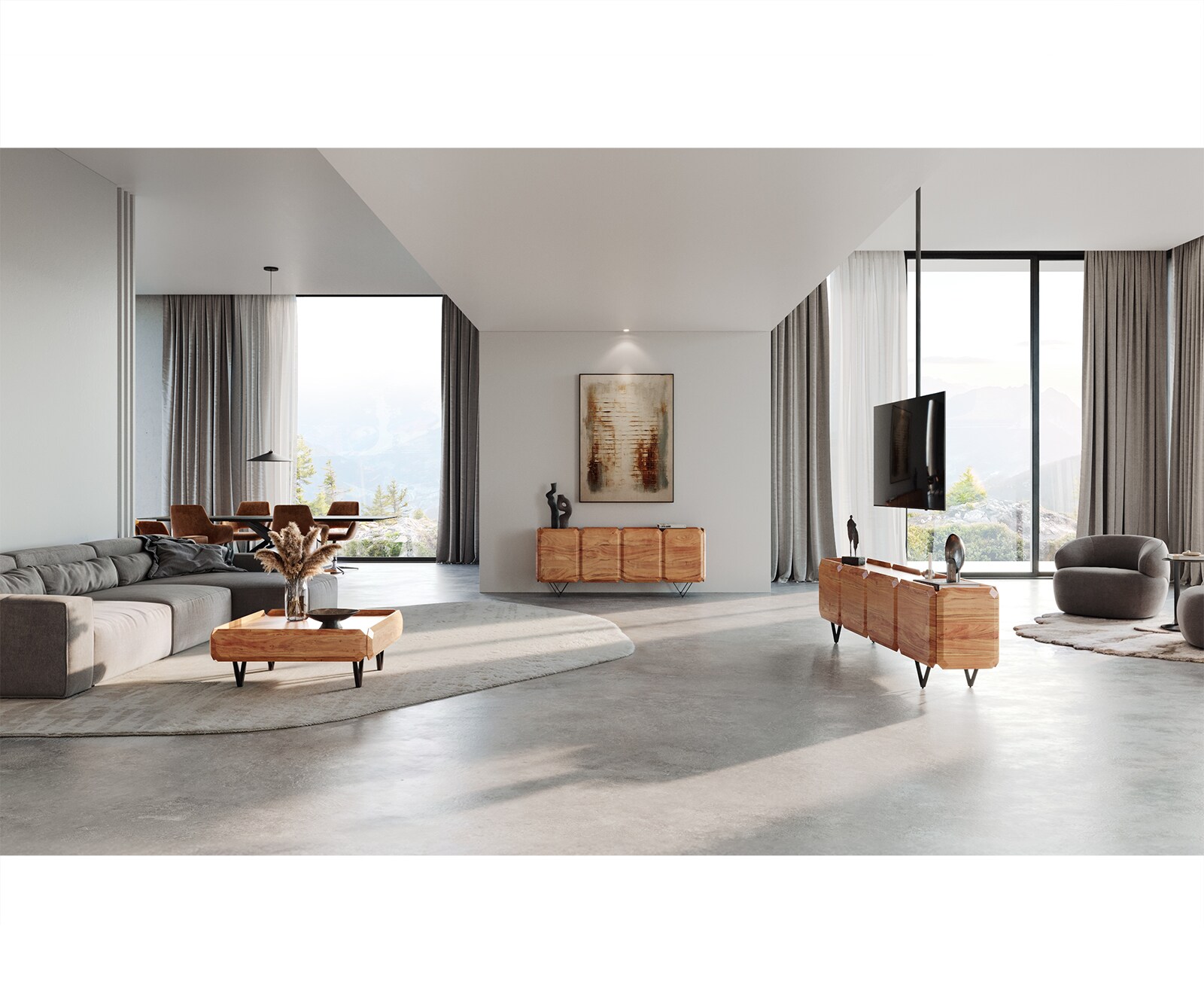 Sideboard Kiano 145 cm Akazie Natur 3 Türen V-Fuß Edelstahl Raumteiler 6