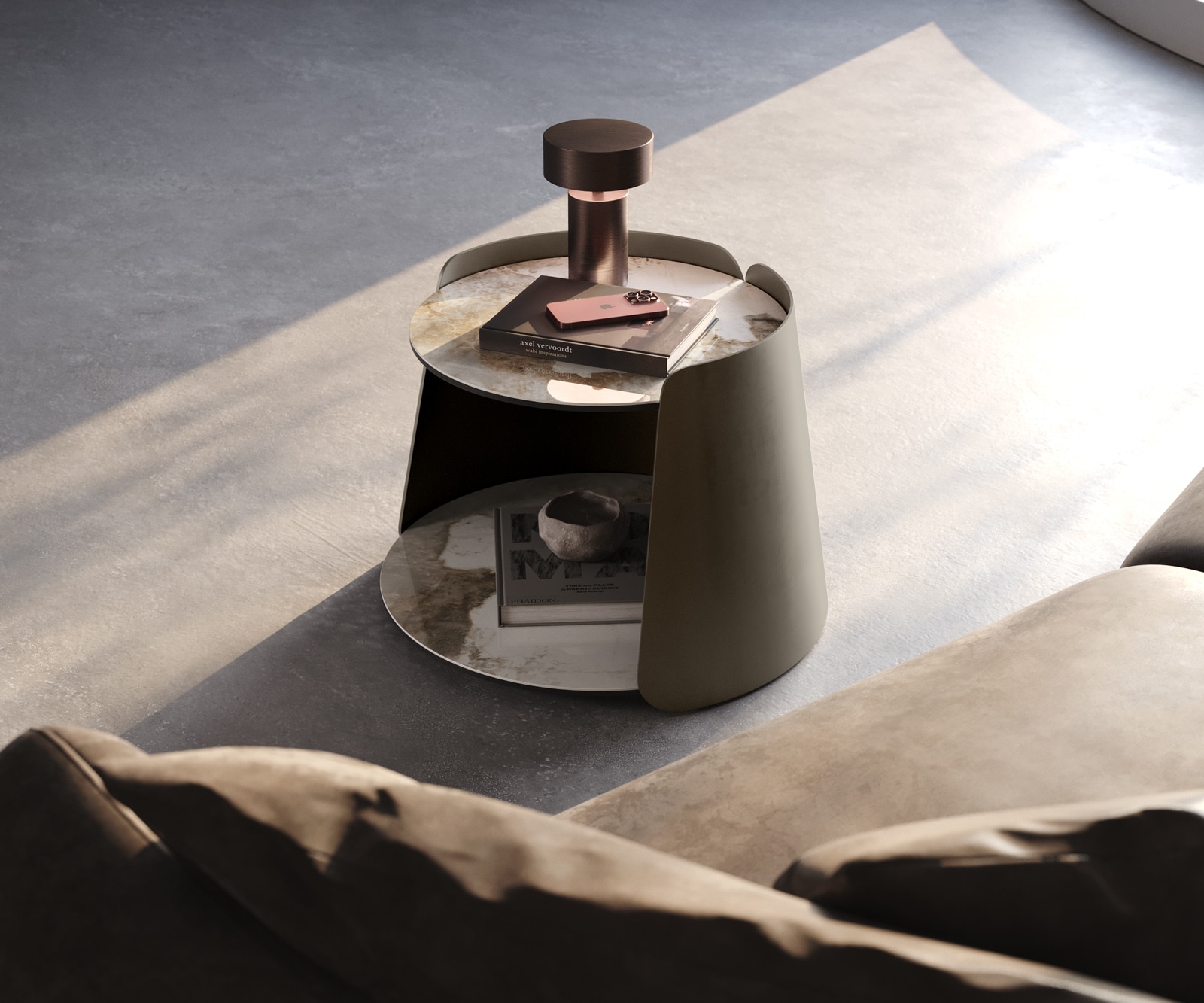 Couchtisch Daban 59x59 cm Keramik Minas Melange Weiß-Beige Gestell Metall Titanfarbig 6