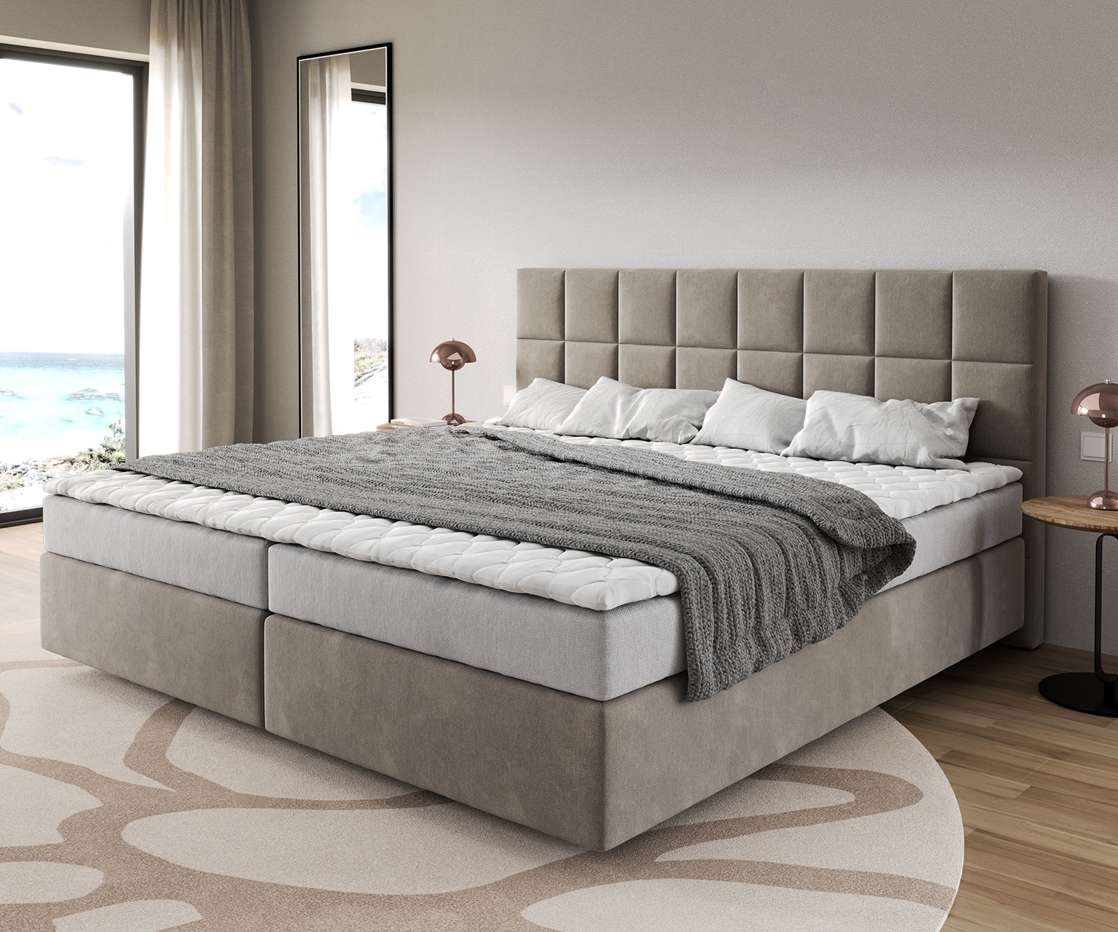 Boxspringbett Dream-Fine Mikrofaser Beige 200x200 cm Bonell-Matratze PU-Topper 1