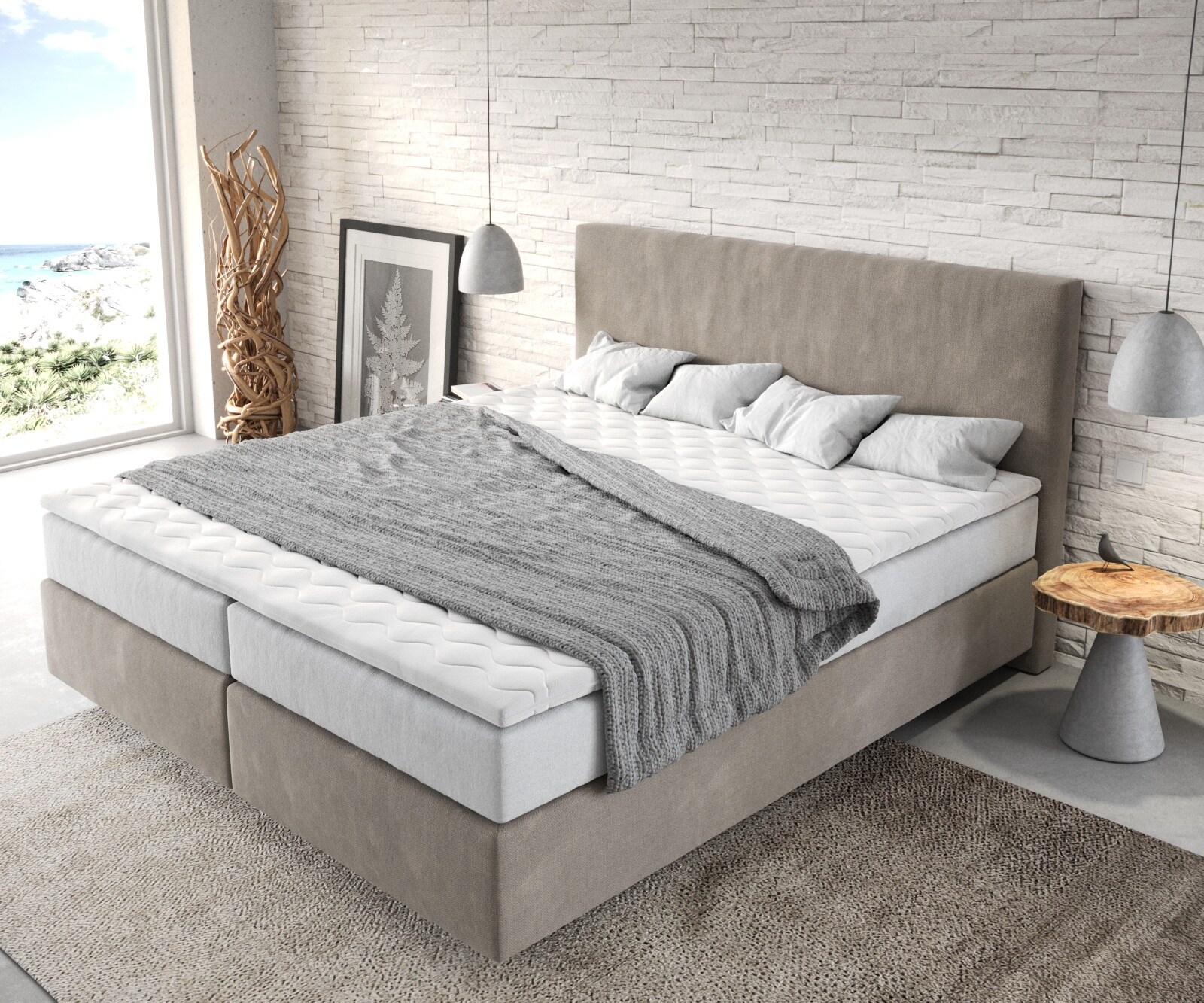 Boxspringbett Dream-Well 180x200 cm Mikrofaser Beige mit TFK Matratze und Visco Topper 3