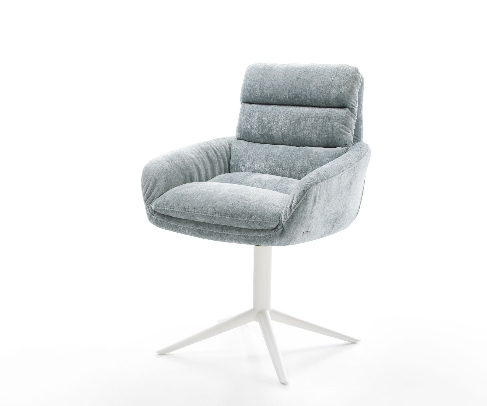 DELIFE Drehstuhl Abelia-Flex mit Armlehnen Chenille Pastellblau Fußkreuz Weiß 360° drehbar Wippfunktion