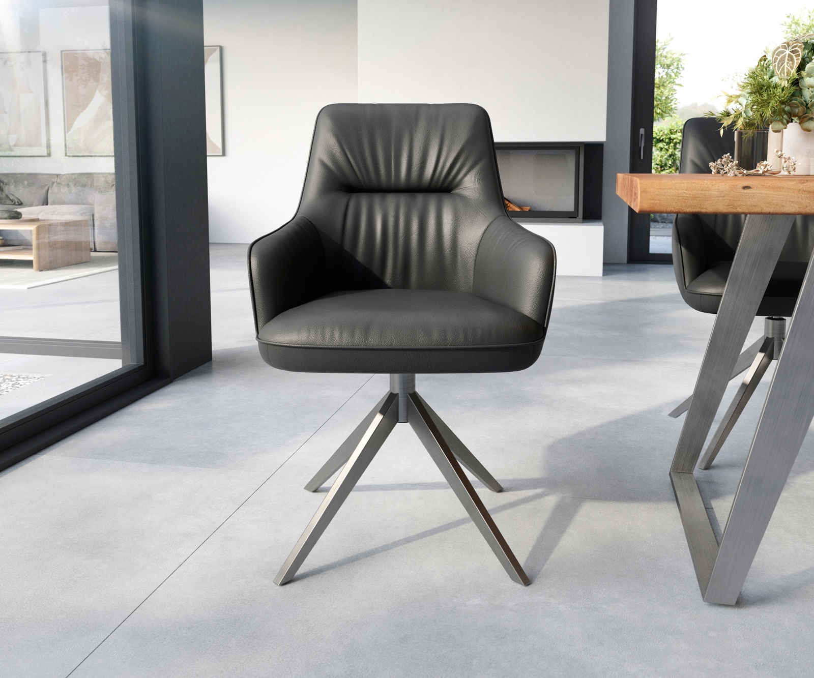 Esszimmerstuhl Zelia-Flex mit Armlehnen Echt-Leder Schwarz Kreuzgestell breit Edelstahl Taschenfederkern 1 Esszimmerstuhl Zelia-Flex mit Armlehnen Echt-Leder Schwarz Kreuzgestell breit Edelstahl Taschenfederkern 1