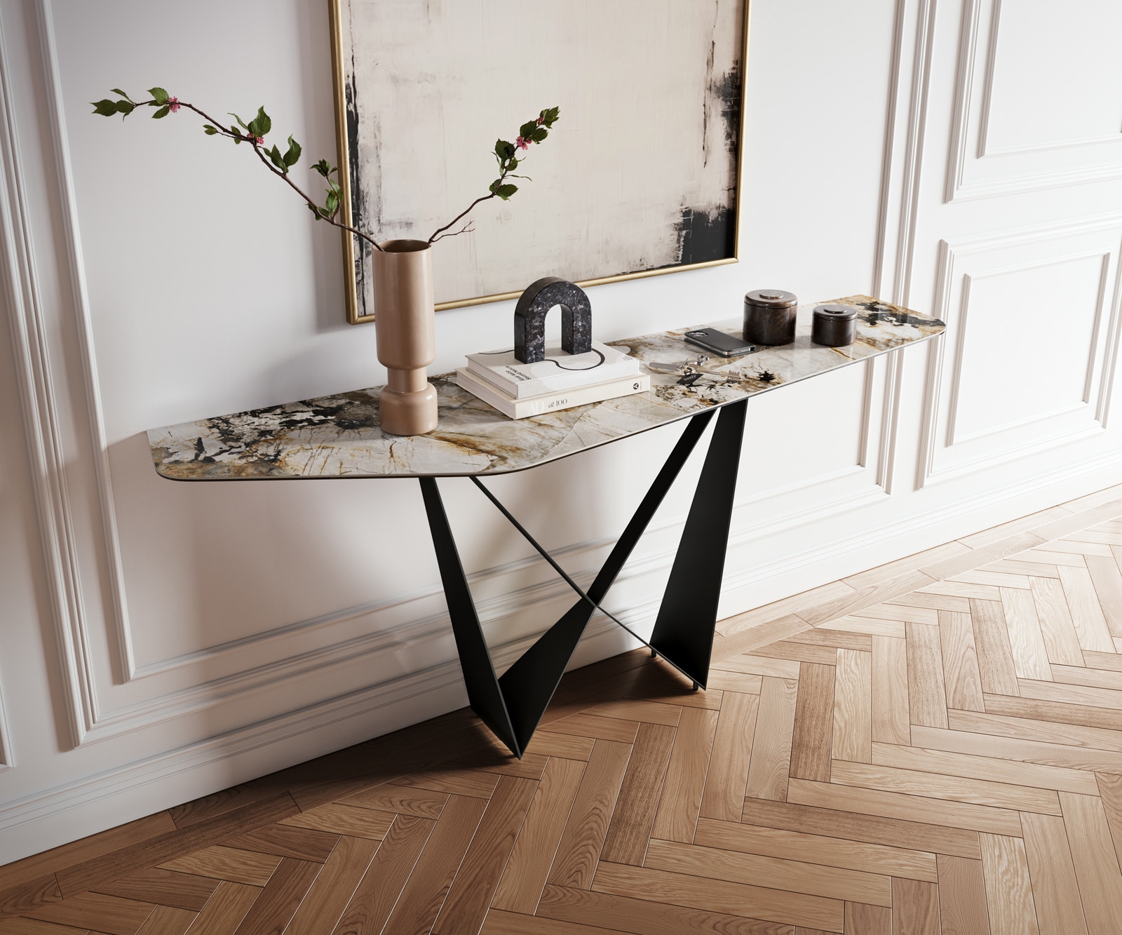 Konsolentisch Edge Polygonal 180x50 cm Keramik Patagonia Poliert Spios Metall Schwarz