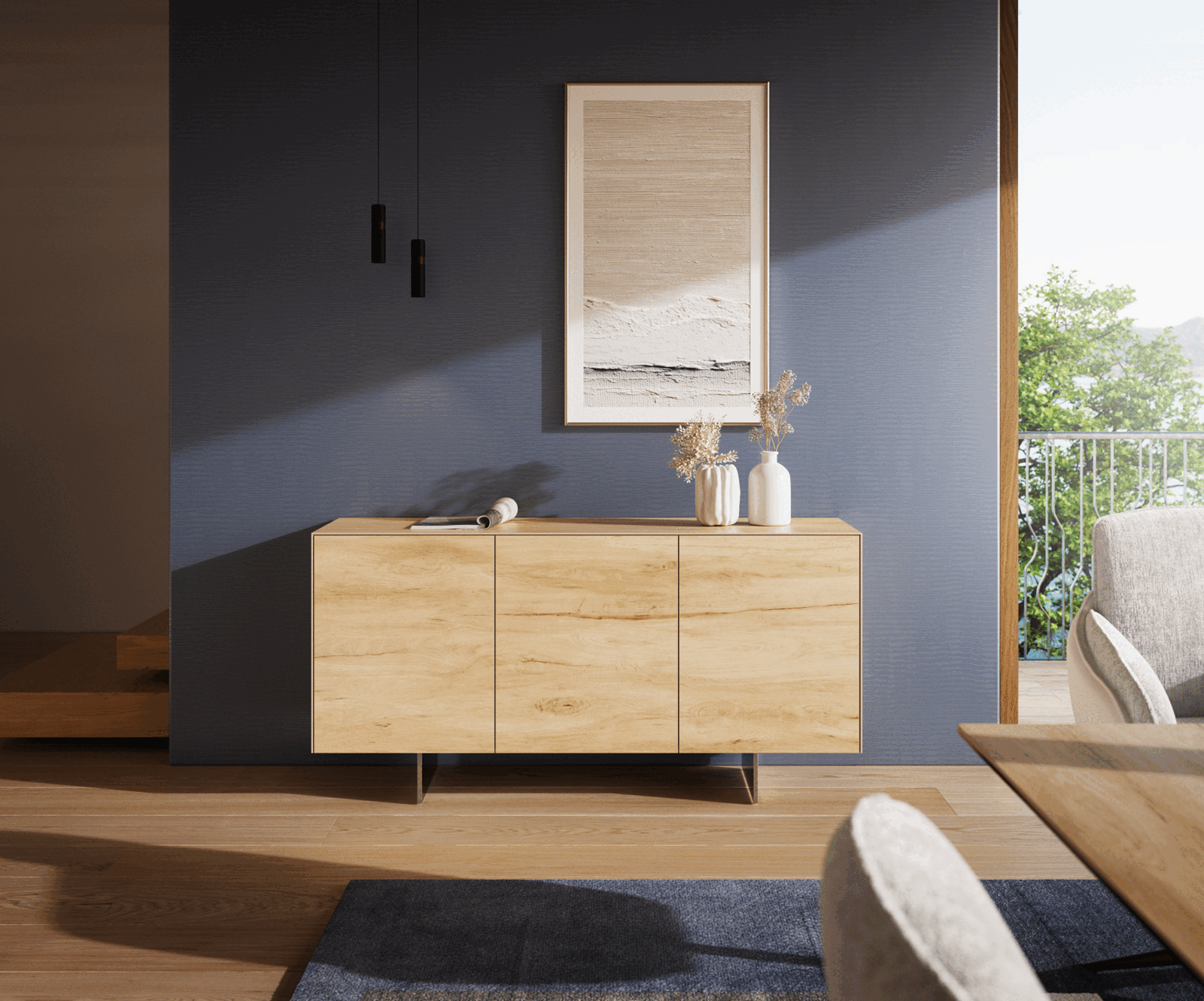 Sideboard Cuor 150 cm Keramik Laminam® Sabbia Eichefarbig 3 Türen Fuß Schwebeoptik Edelstahl 2