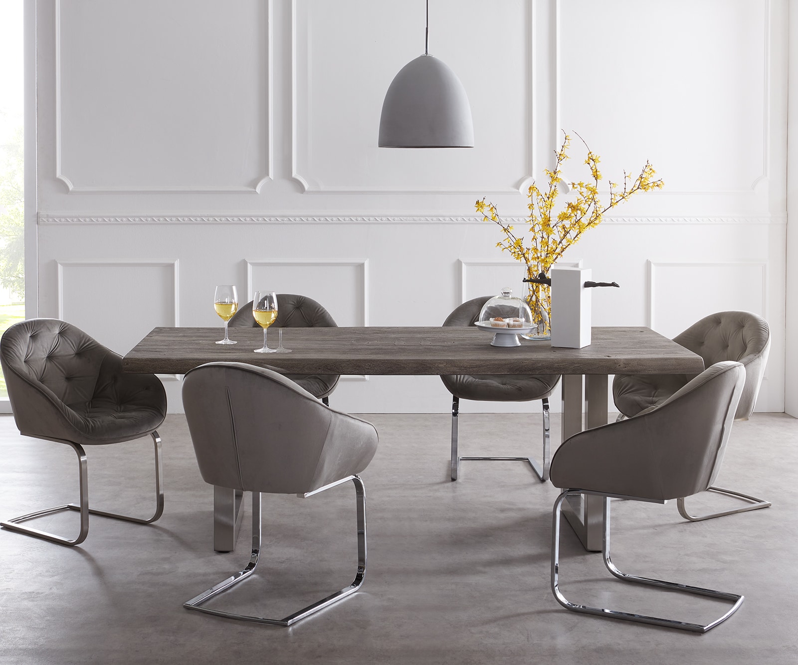 Esstisch Edge 220x100cm XL Akazie Platin Edelstahl breit Live-Edge 1 Esstisch Edge 220x100cm XL Akazie Platin Edelstahl breit Live-Edge 1