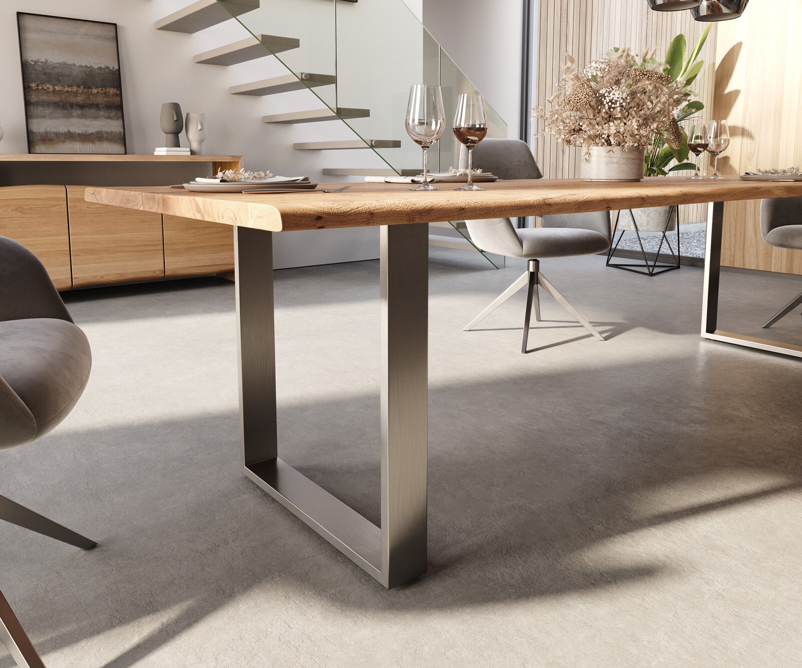Esstisch Edge 300x100 Akazie Natur Edelstahl Schmal Live-Edge 5