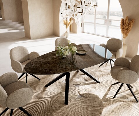 Esstisch Edge Oval 220x120 Keramik Emperador Extra Lucidato Dunkelbraun Zenthara kantig Metall Schwarz