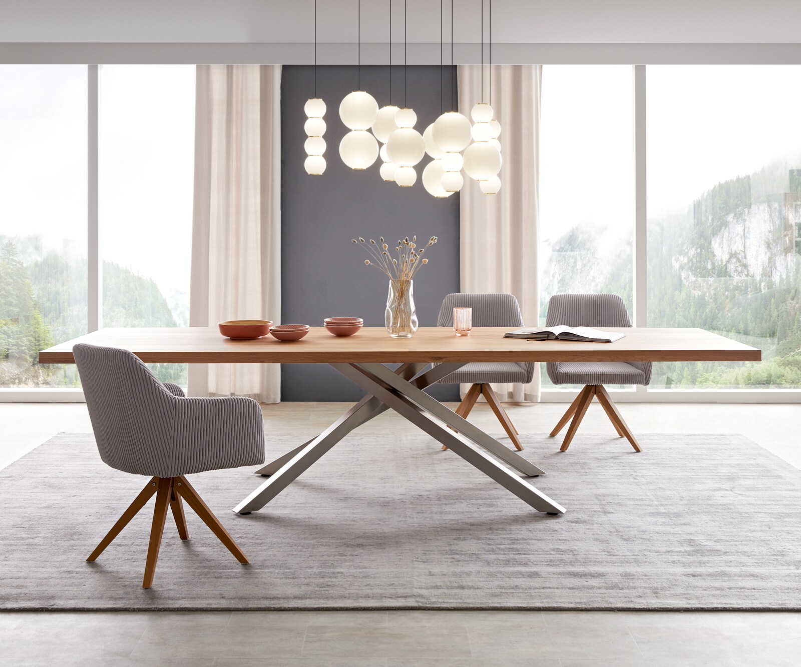 Table à manger Edge chêne nature cadre croisé rectangle acier inoxydable