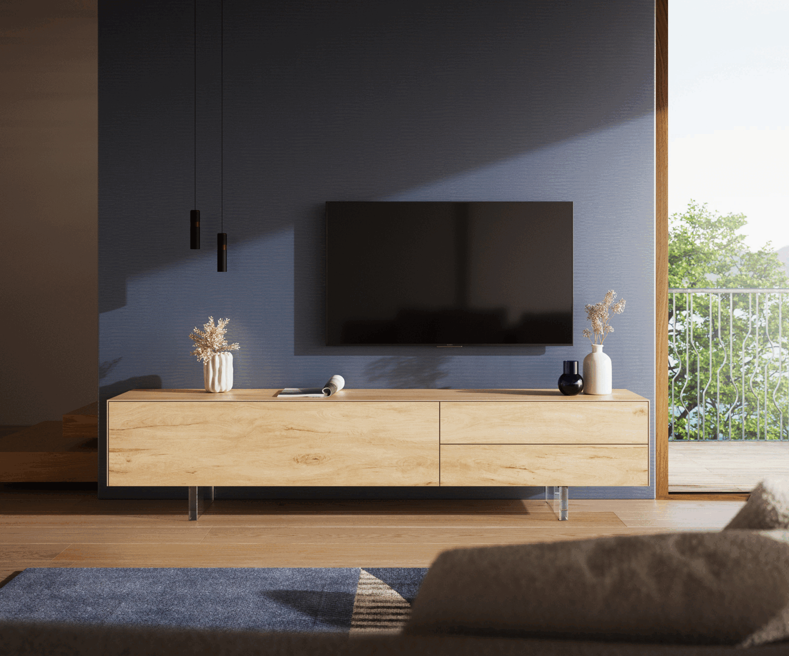 Lowboard Cuor 220 cm Keramik Laminam® Sabbia Eichefarbig 1 Klappe 2 Schubfächer Fuß Schwebeoptik Acrylglas 1