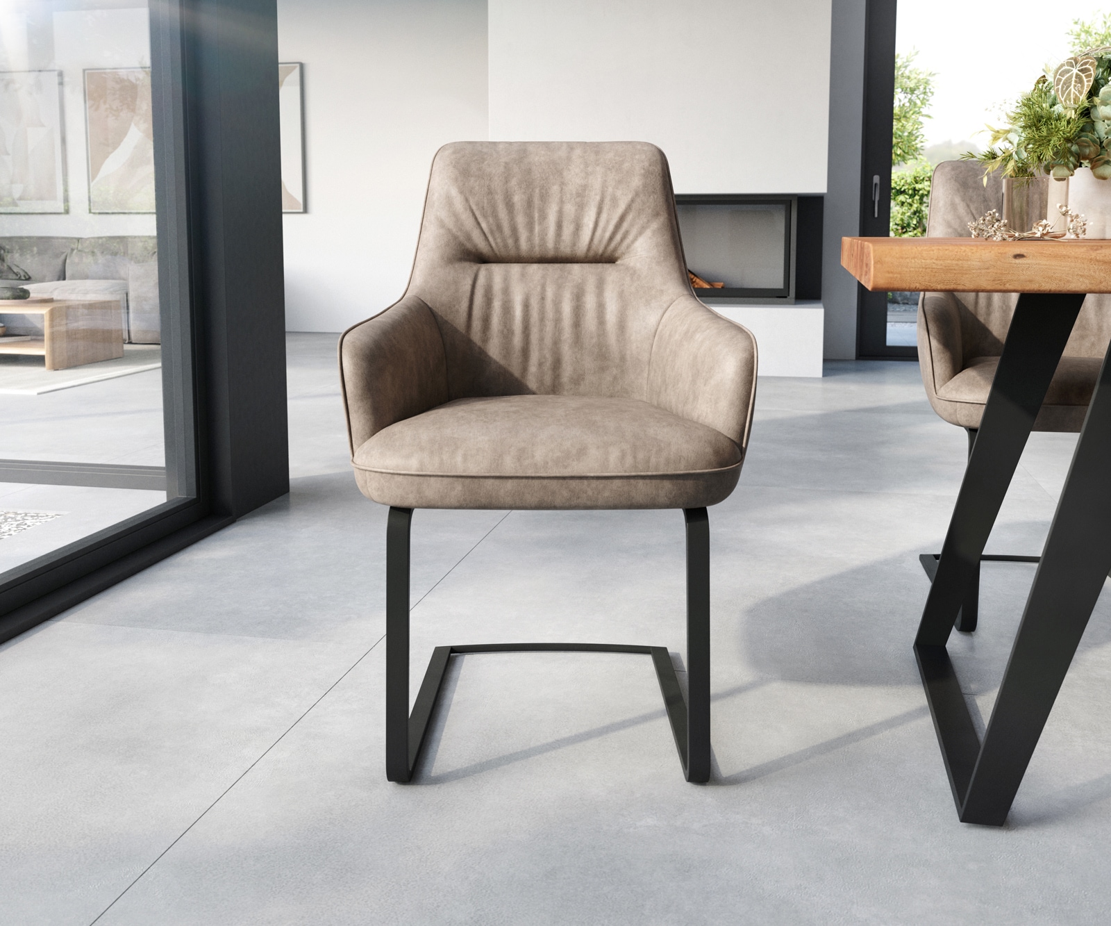 Freischwinger Zelia-Flex mit Armlehnen Mikrofaser Taupe Vintage Freischwinger flach Schwarz Taschenfederkern 2