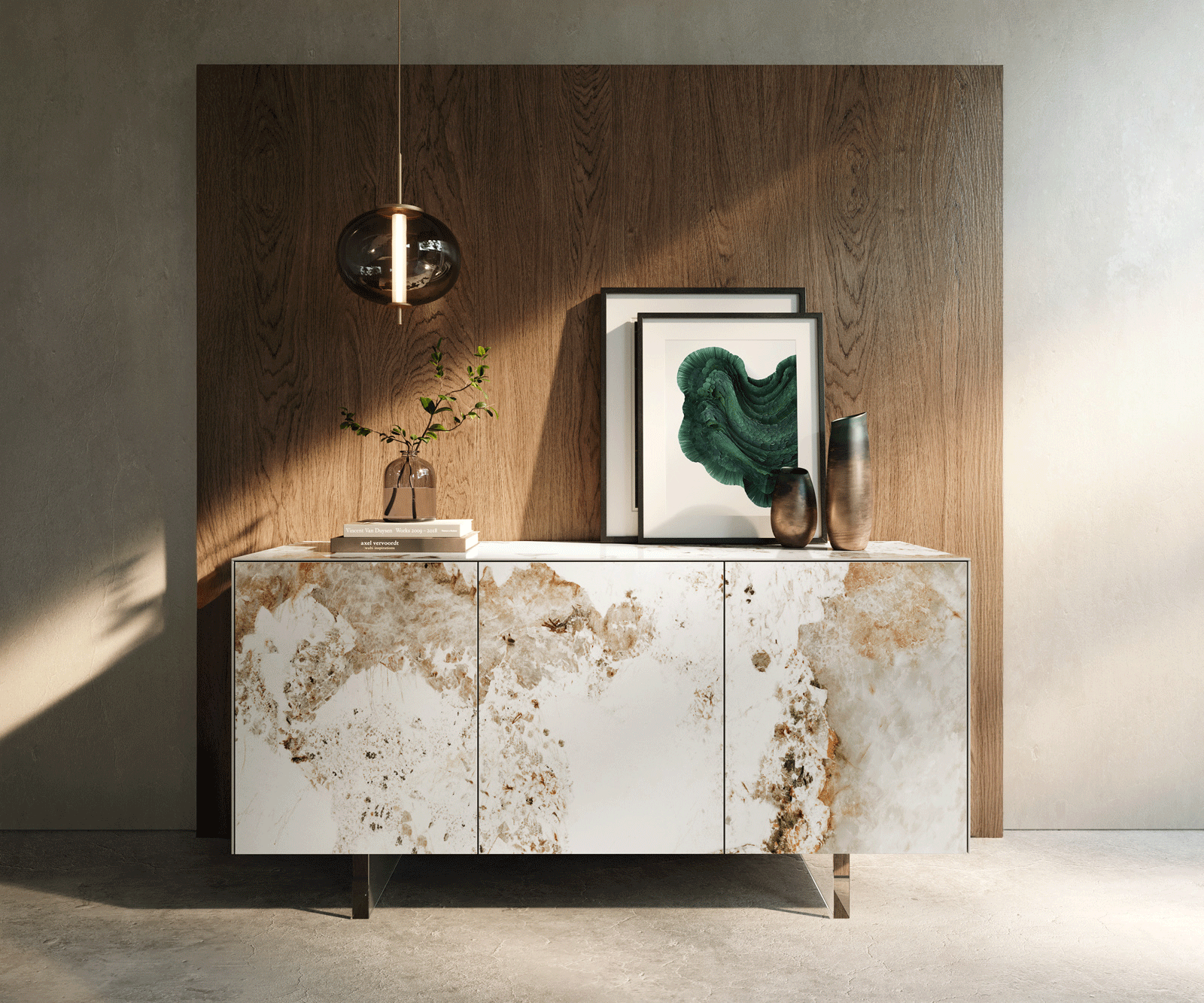 Sideboard Cuor 150 cm Keramik Minas Melange Weiß-Beige 3 Türen Fuß Schwebeoptik Acrylglas 1