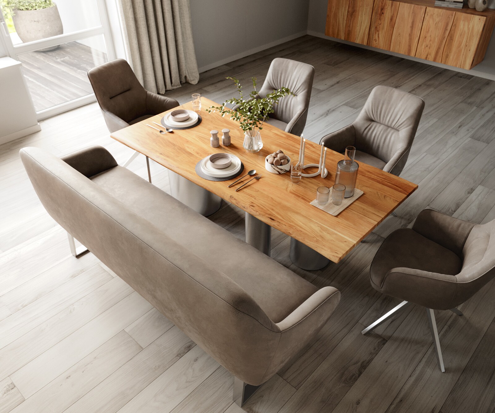 Esszimmerbank Taya-Flex 200 cm Mikrofaser Taupe Vintage Kufengestell kantig Edelstahl Taschenfederkern 3