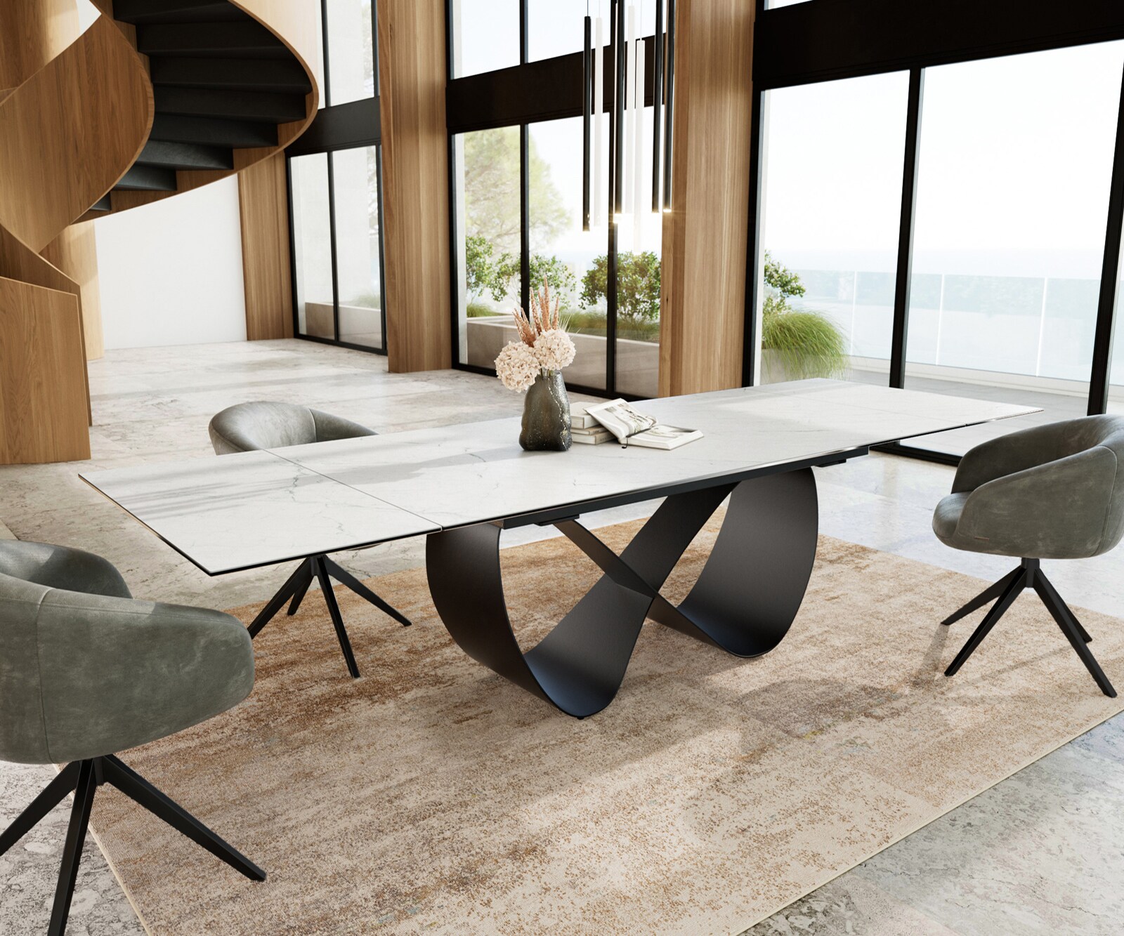 Esstisch Edge 200-300x100 cm Keramik Laminam® Statuarietto Weiß Infinity Metall Schwarz ausziehbar 8