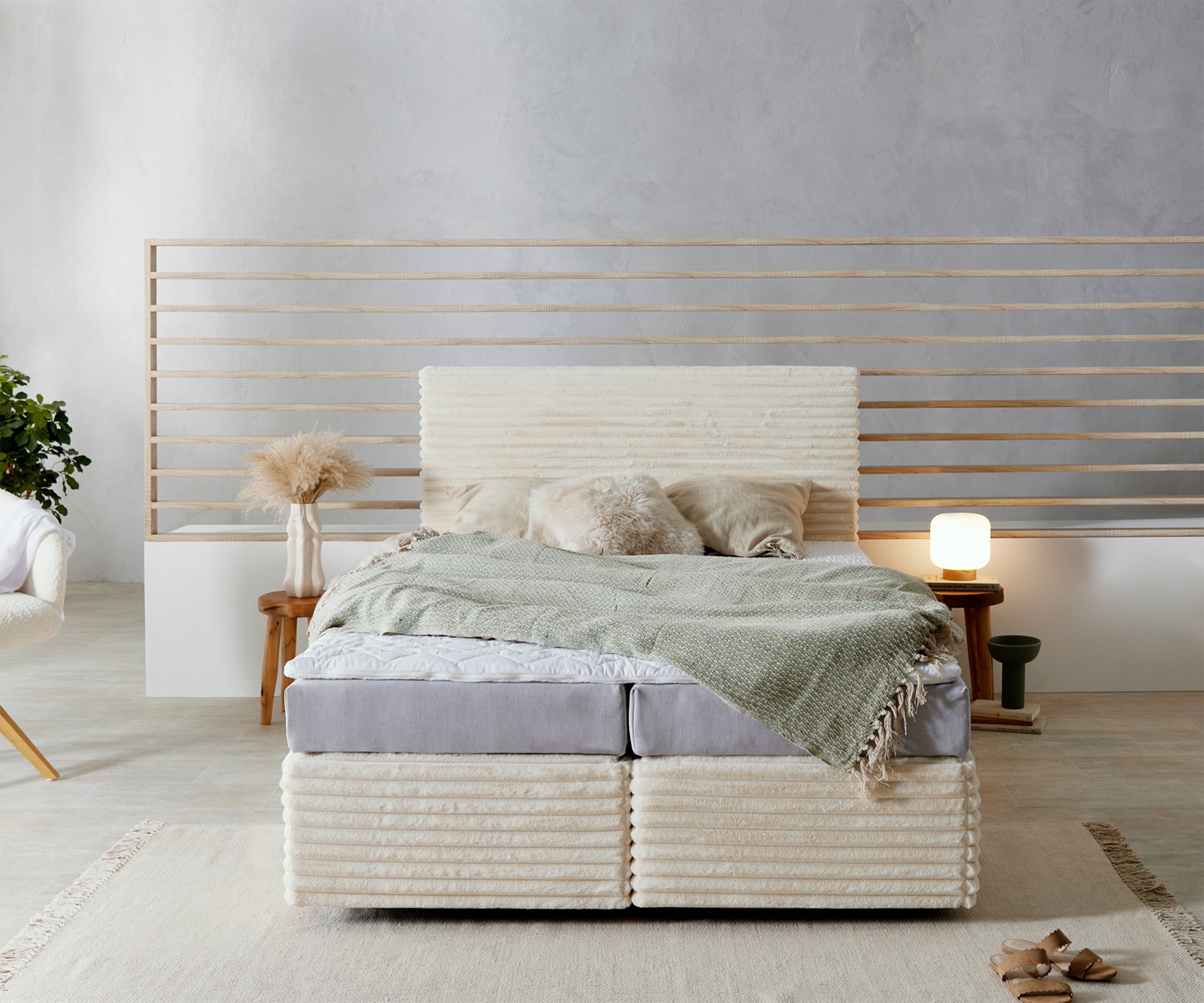 Boxspringbett Dream-Well Plüsch-Cord Beige 140x200 cm TFK-Matratze Visco-Topper 1 Boxspringbett Dream-Well Plüsch-Cord Beige 140x200 cm TFK-Matratze Visco-Topper 1