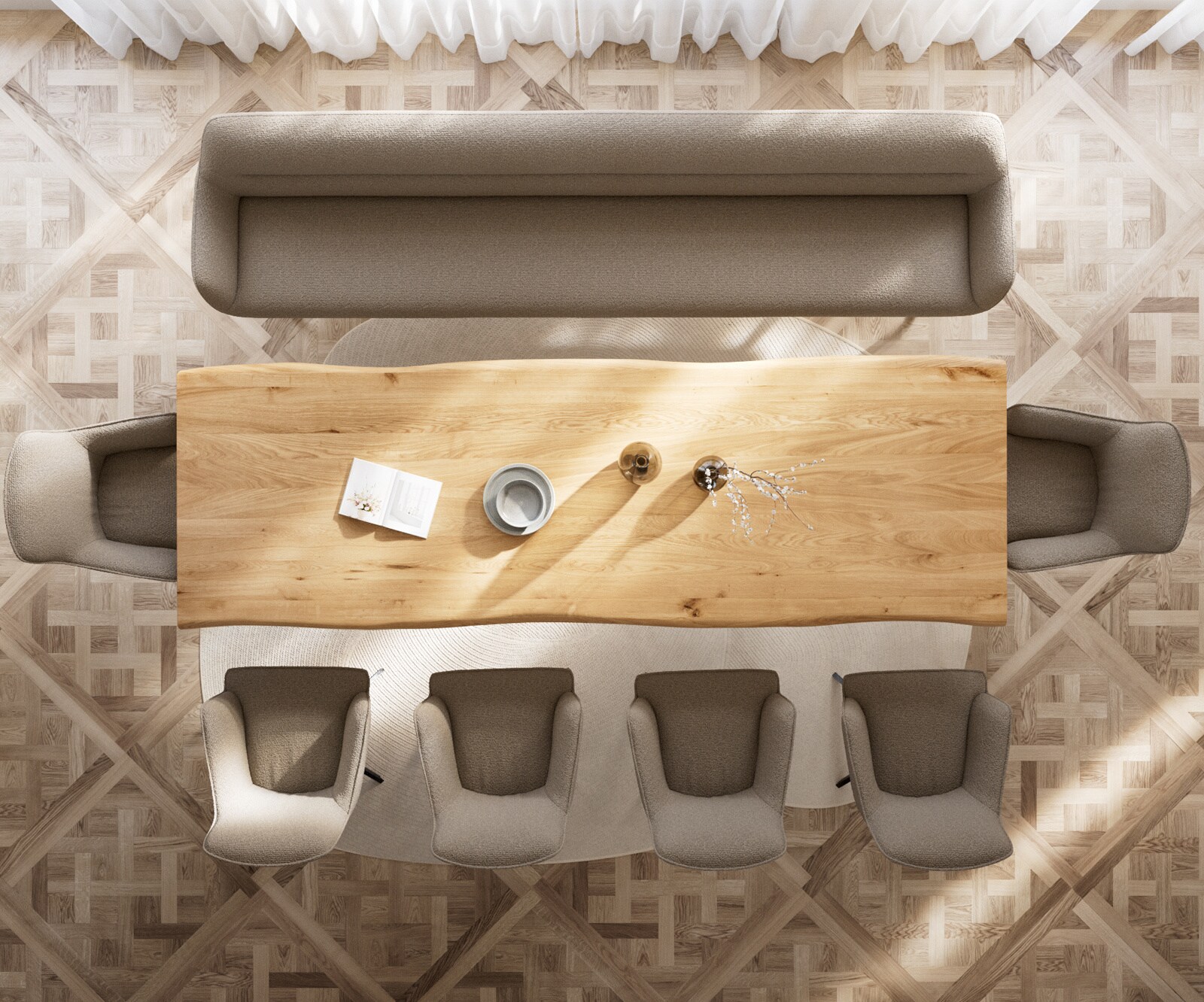 Esszimmerbank Taya-Flex 300 cm Bouclé Schlamm Kreuzgestell kantig Graphit Taschenfederkern 5