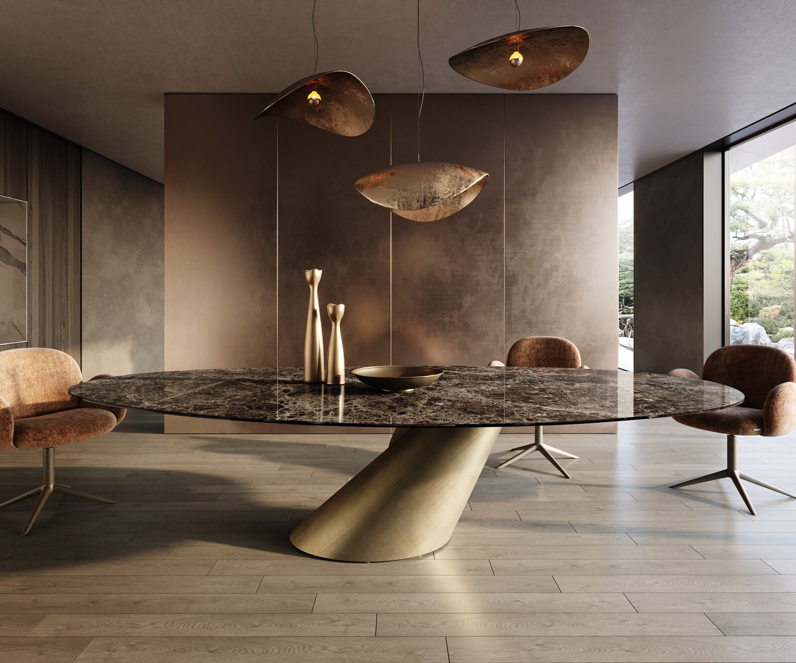 Esstisch Edge Oval 315x150 cm Keramik Emperador Extra Lucidato Dunkelbraun Cono Metallic Gold 1