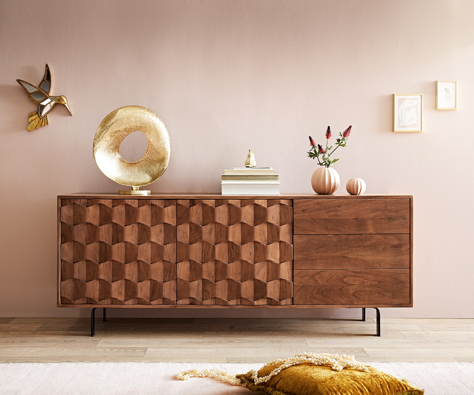 Sideboard Fevo 175 cm Akazie Braun 2 Türen 3 Schubfächer L-Fuß 1