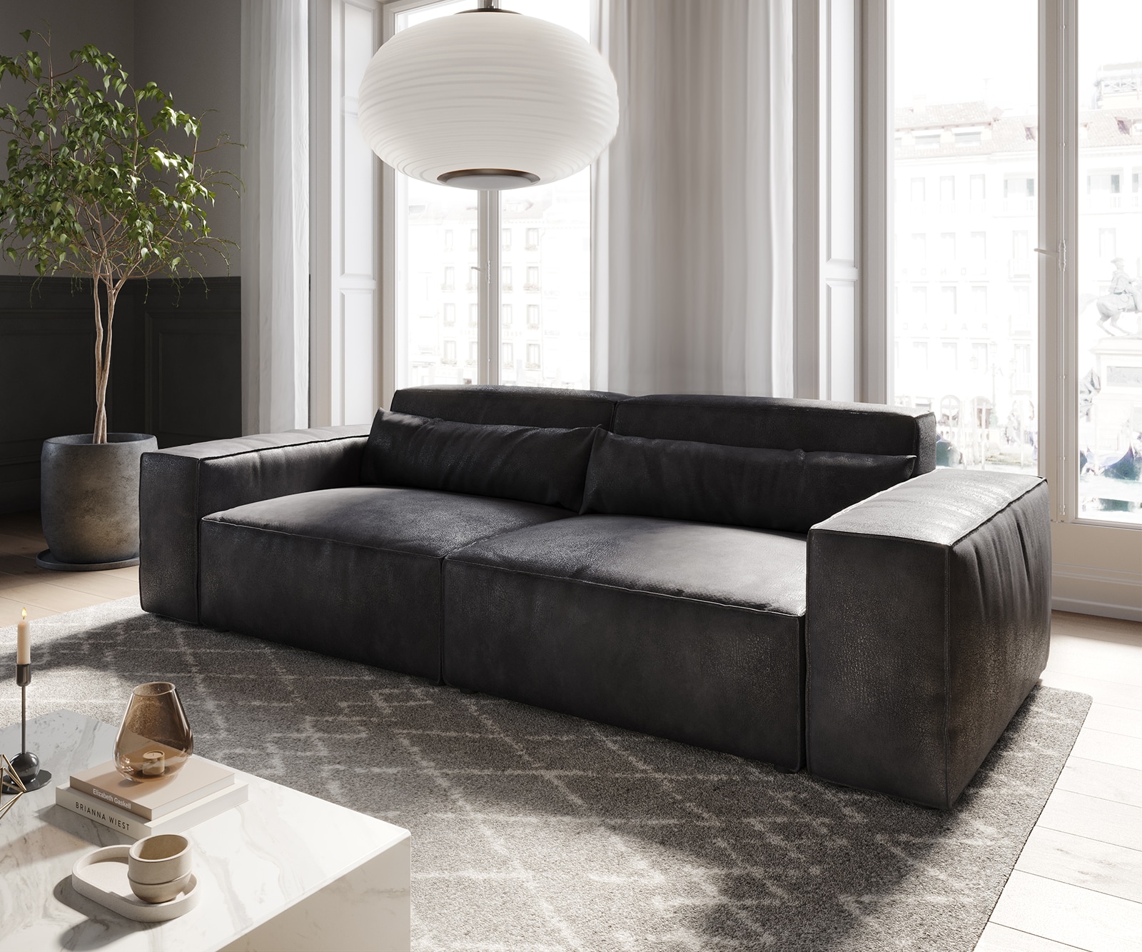 Big-Sofa Sirpio 230x90 cm Lederimitat Vintage Anthrazit günstig online kaufen