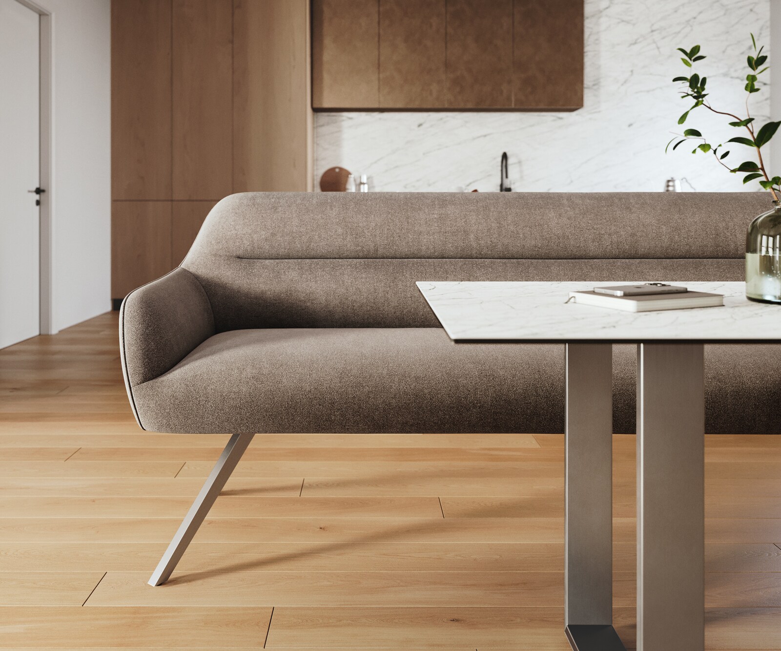 Esszimmerbank Taya-Flex 200 cm Strukturstoff Soft Taupe Kreuzgestell kantig Edelstahl Taschenfederkern 1